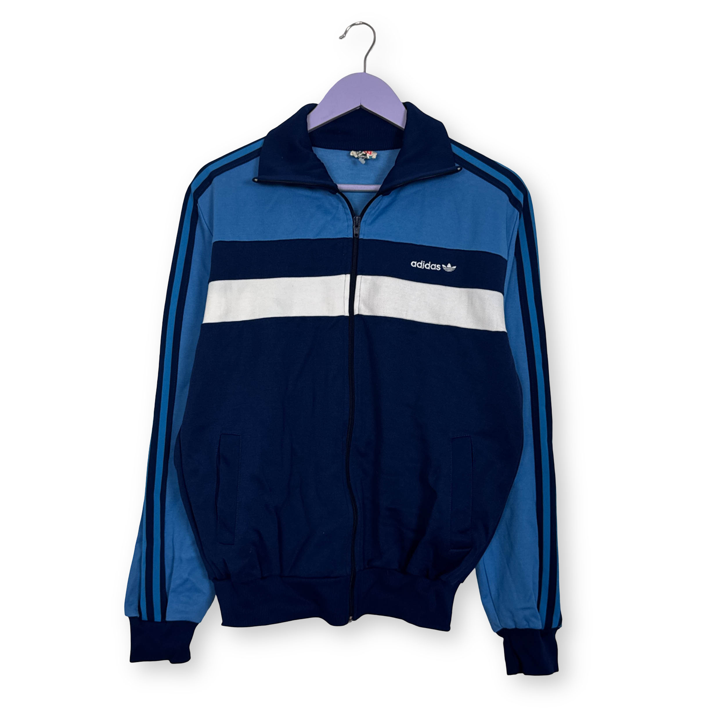 Felpa Adidas Vintage blu azzurra bianca con zip logo ricamato anni 80 - Taglia 7 uomo