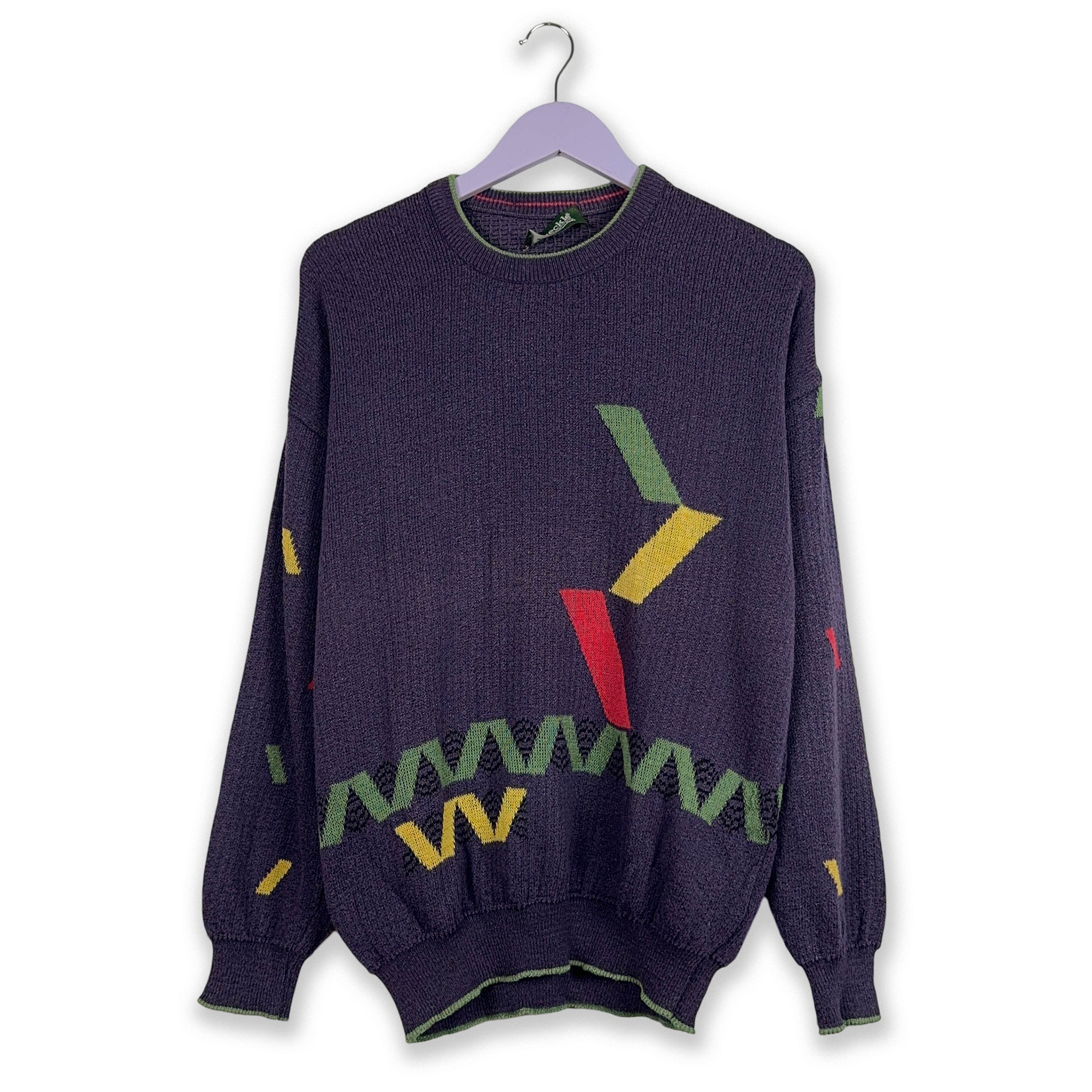 Maglione Vintage girocollo viola a fantasia geometrica - Taglia L uomo