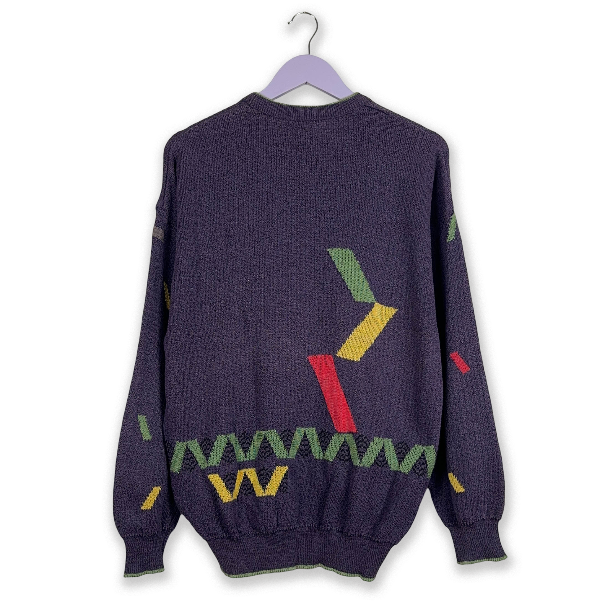 Maglione Vintage girocollo viola a fantasia geometrica - Taglia L uomo