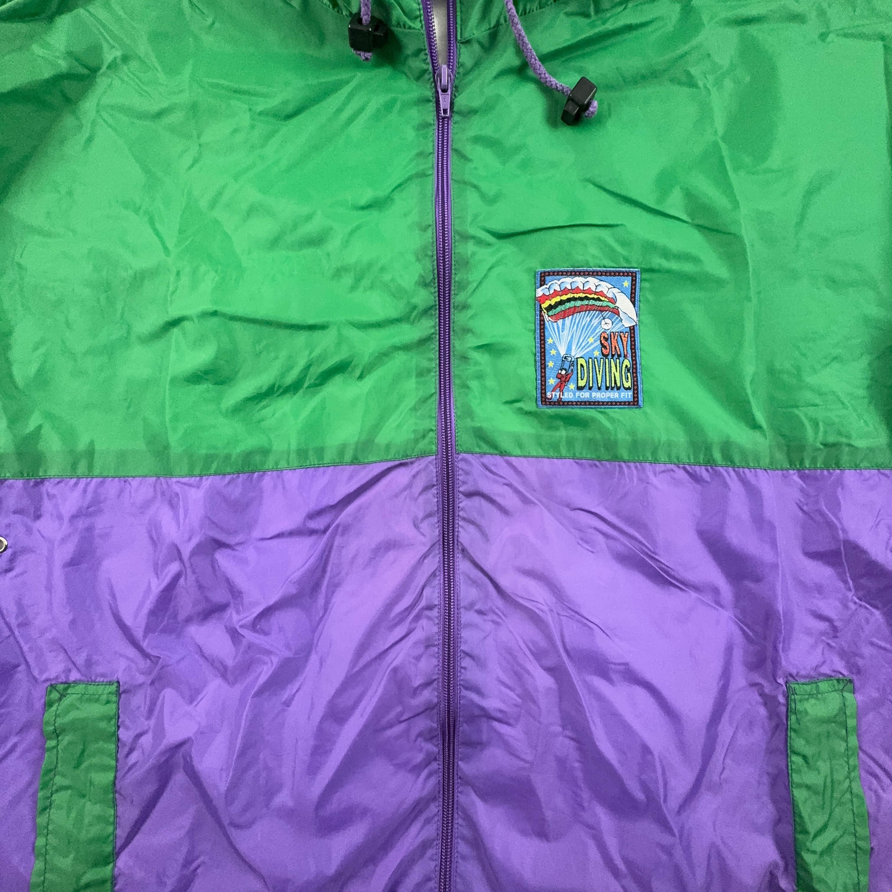 Giacca a vento Vintage verde e viola con patch e zip - Taglia XL uomo