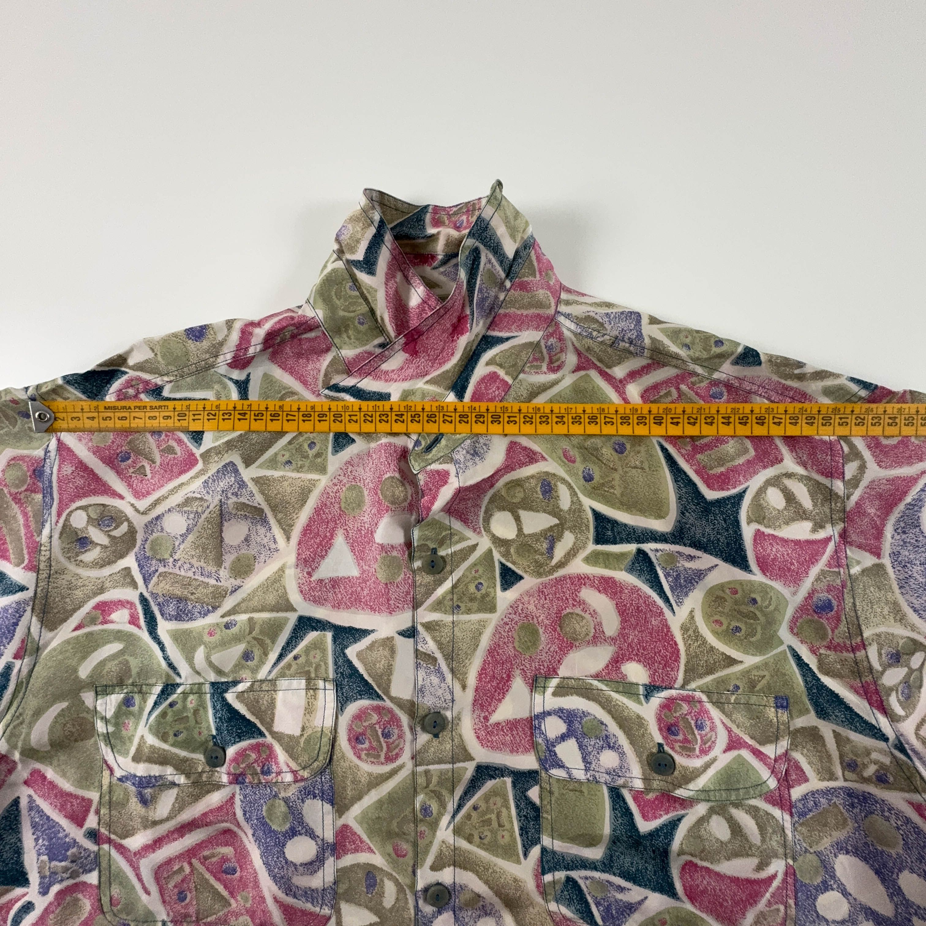 Camicia Vintage 100% seta verde e rosa a fantasia geometrica astratta - Taglia L/XL uomo