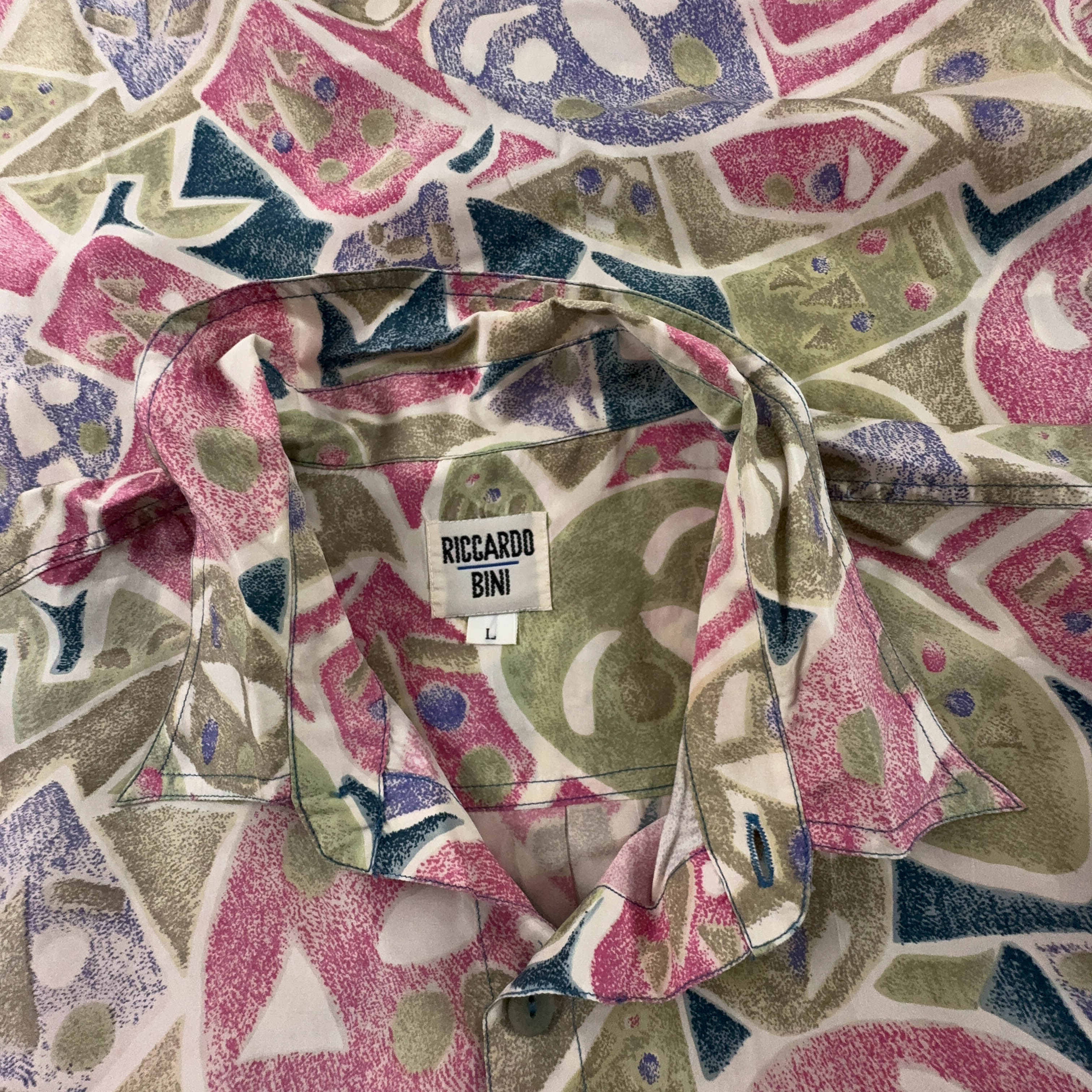 Camicia Vintage 100% seta verde e rosa a fantasia geometrica astratta - Taglia L/XL uomo