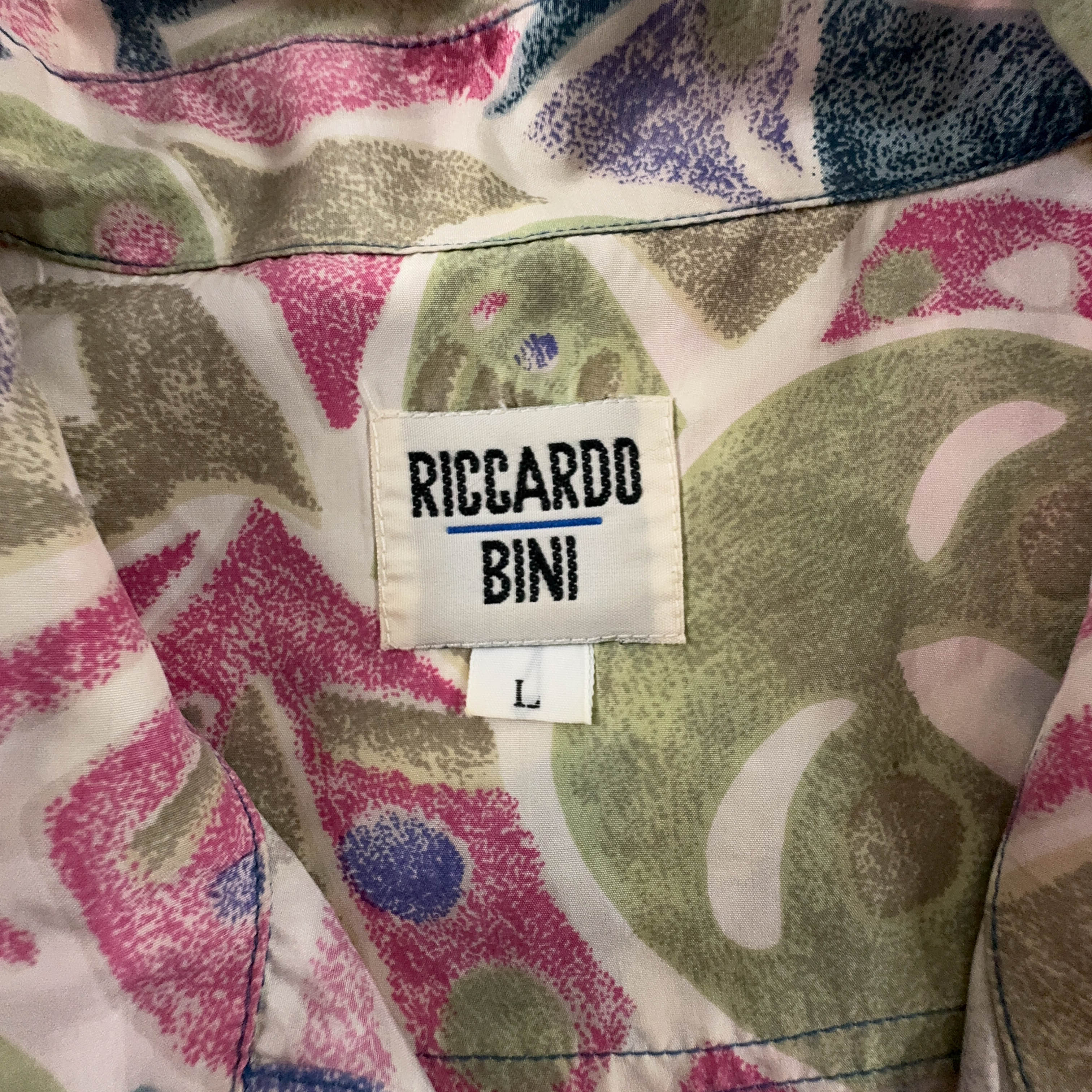 Camicia Vintage 100% seta verde e rosa a fantasia geometrica astratta - Taglia L/XL uomo