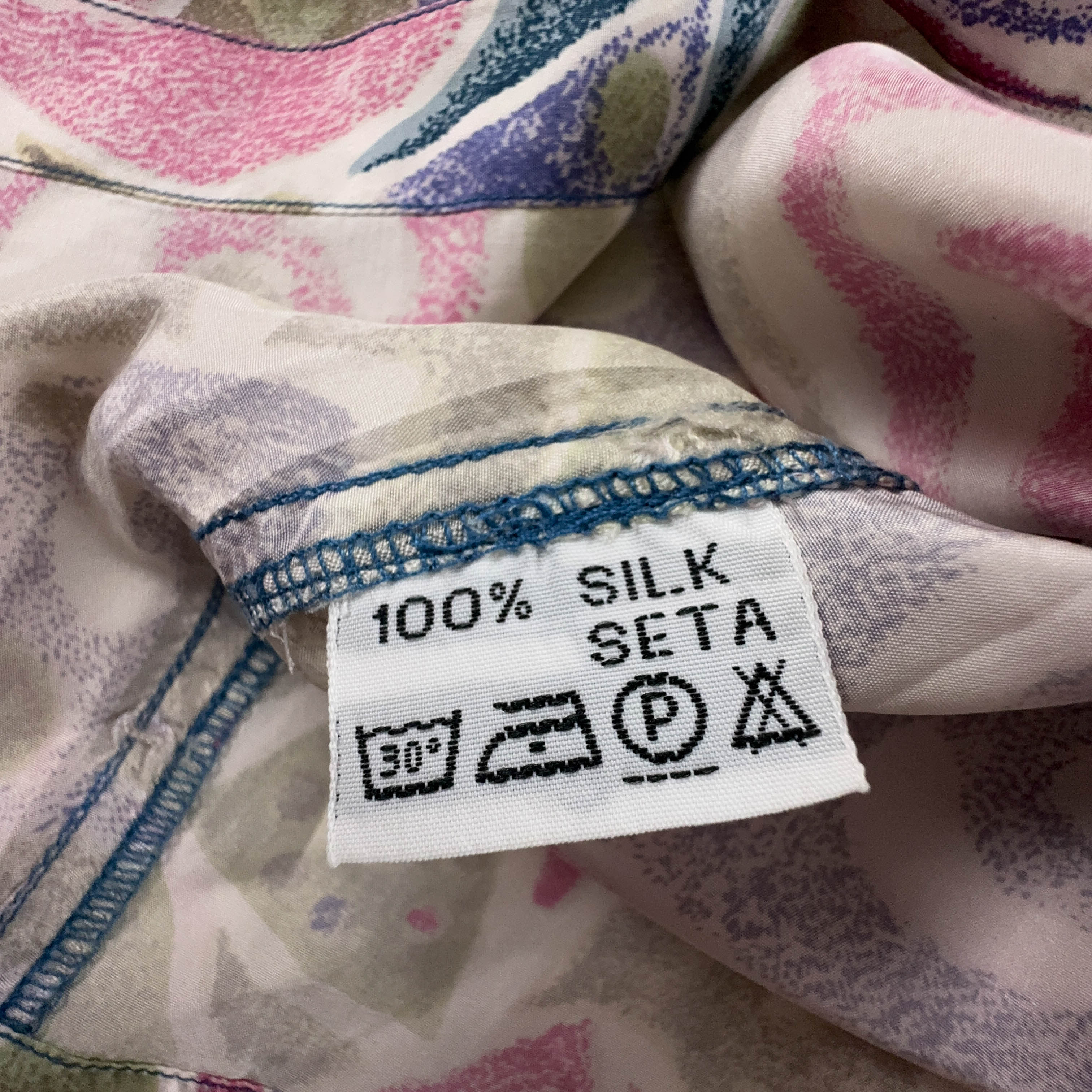 Camicia Vintage 100% seta verde e rosa a fantasia geometrica astratta - Taglia L/XL uomo