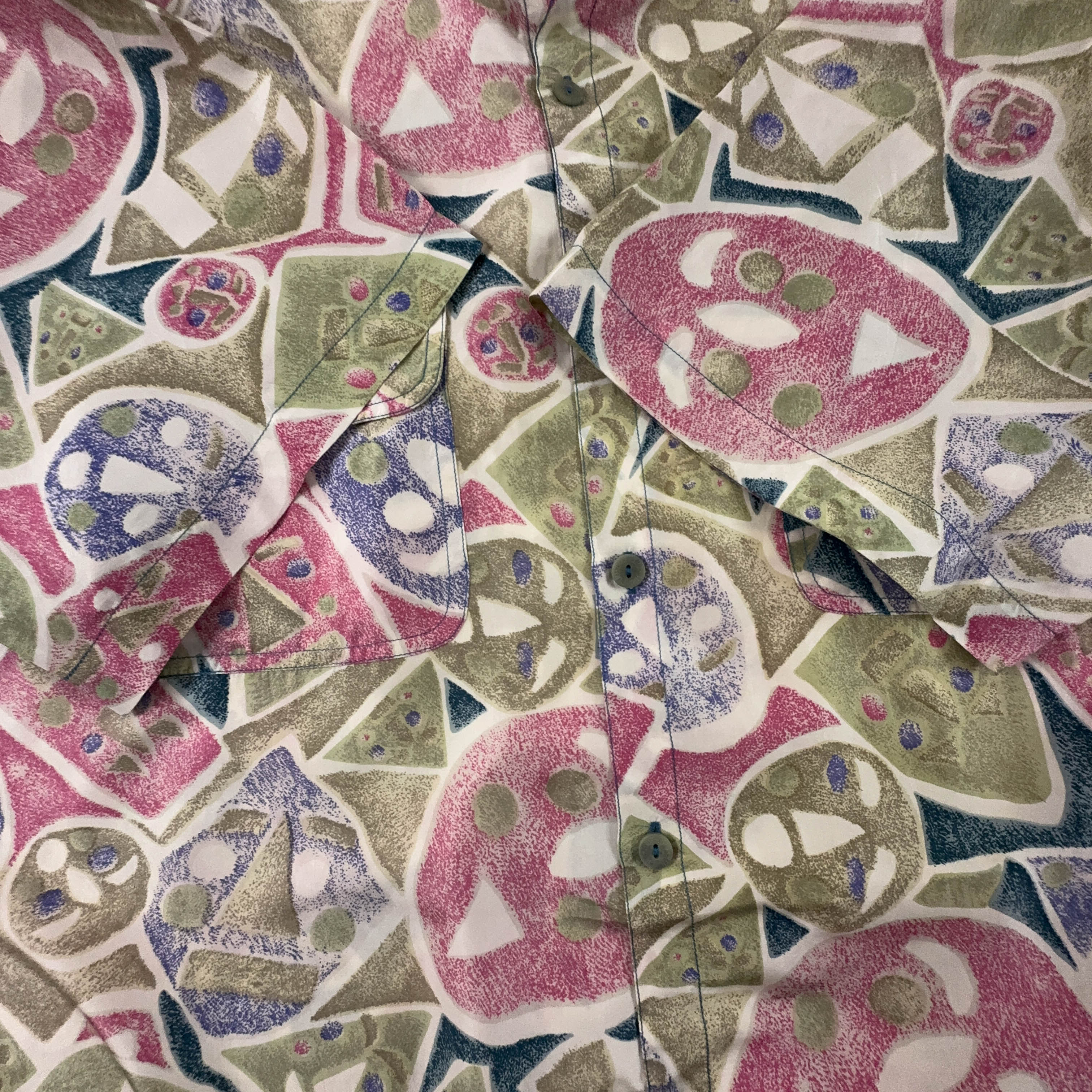 Camicia Vintage 100% seta verde e rosa a fantasia geometrica astratta - Taglia L/XL uomo