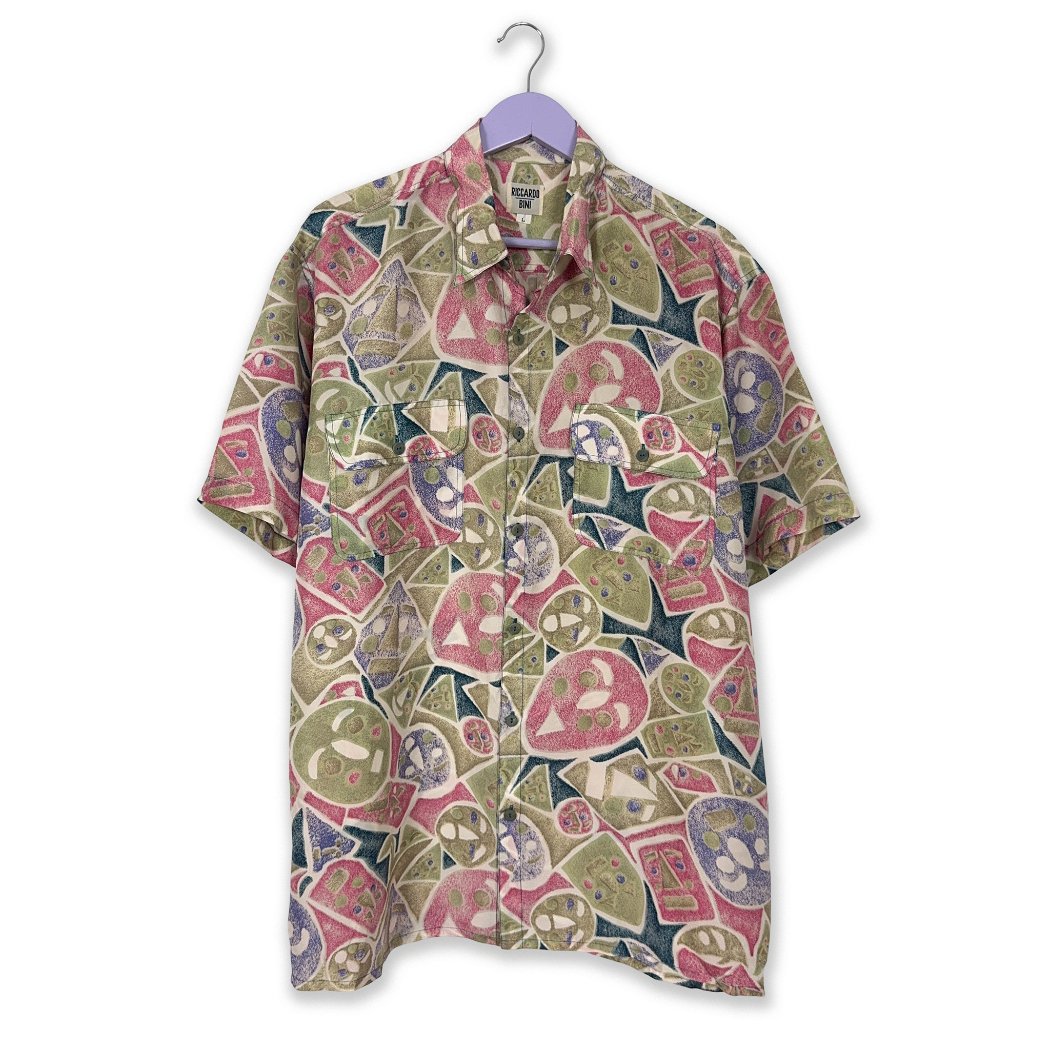 Camicia Vintage 100% seta verde e rosa a fantasia geometrica astratta - Taglia L/XL uomo