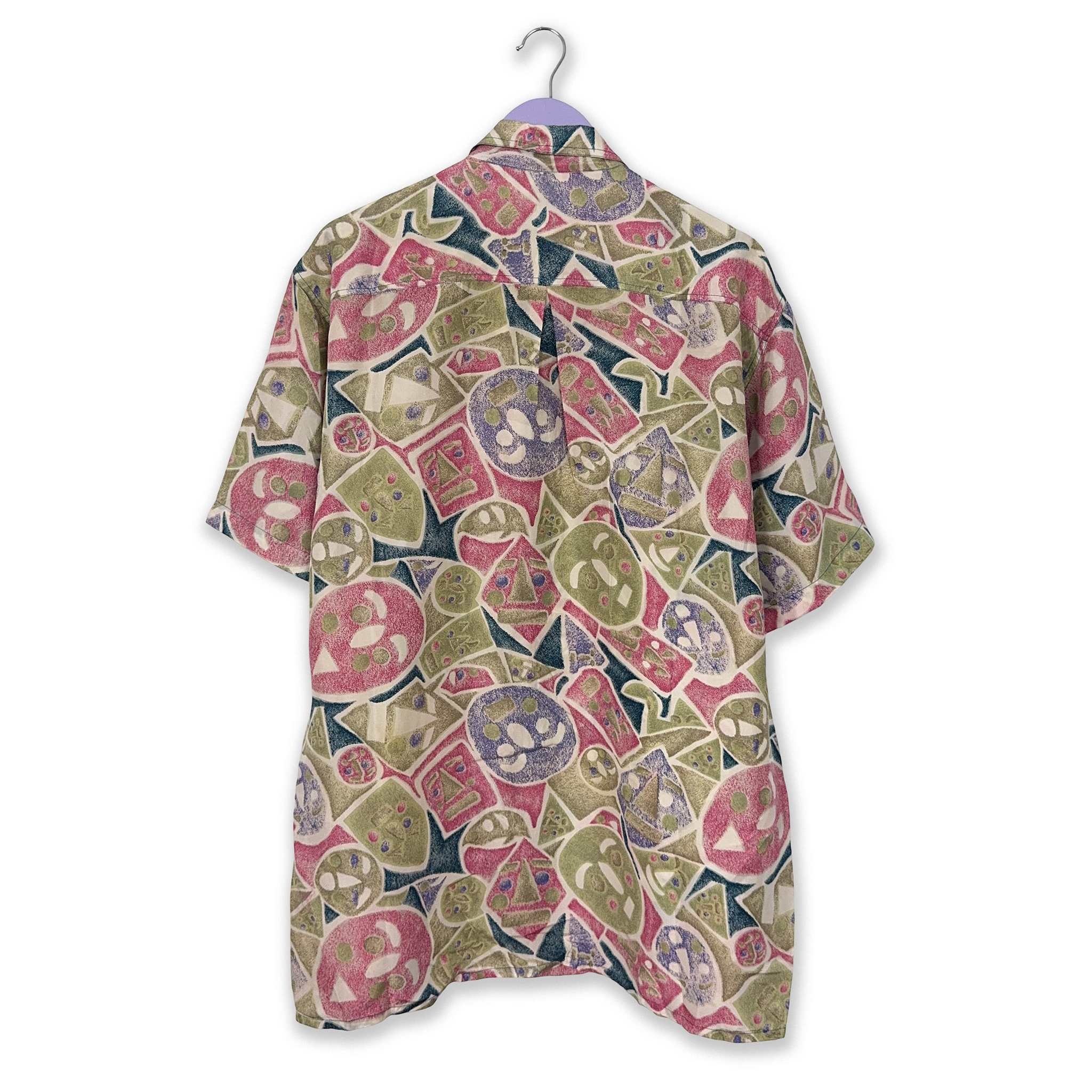 Camicia Vintage 100% seta verde e rosa a fantasia geometrica astratta - Taglia L/XL uomo