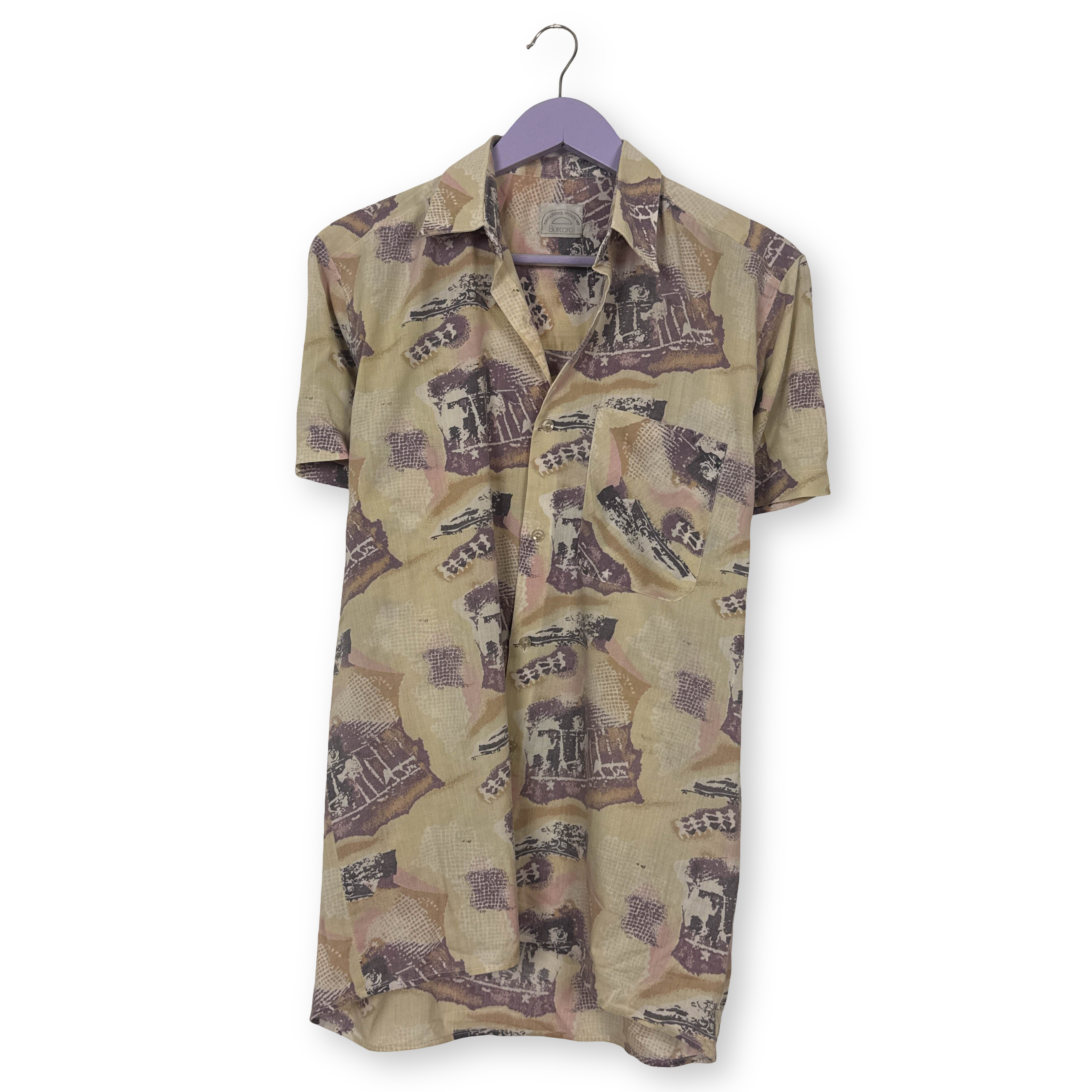 Camicia Vintage beige con fantasia astratta multicolore anni 80 90 - Taglia L uomo