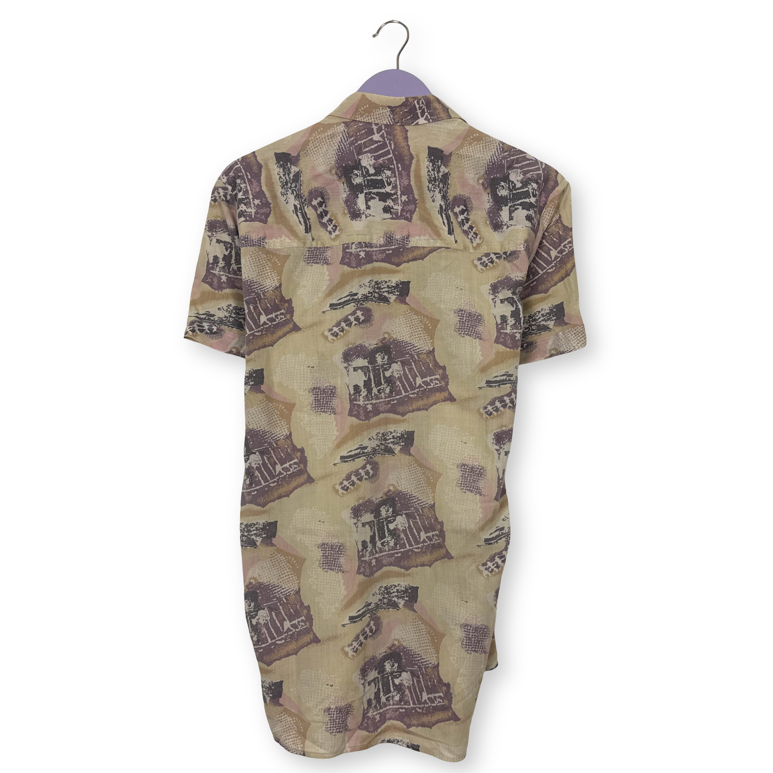 Camicia Vintage beige con fantasia astratta multicolore anni 80 90 - Taglia L uomo