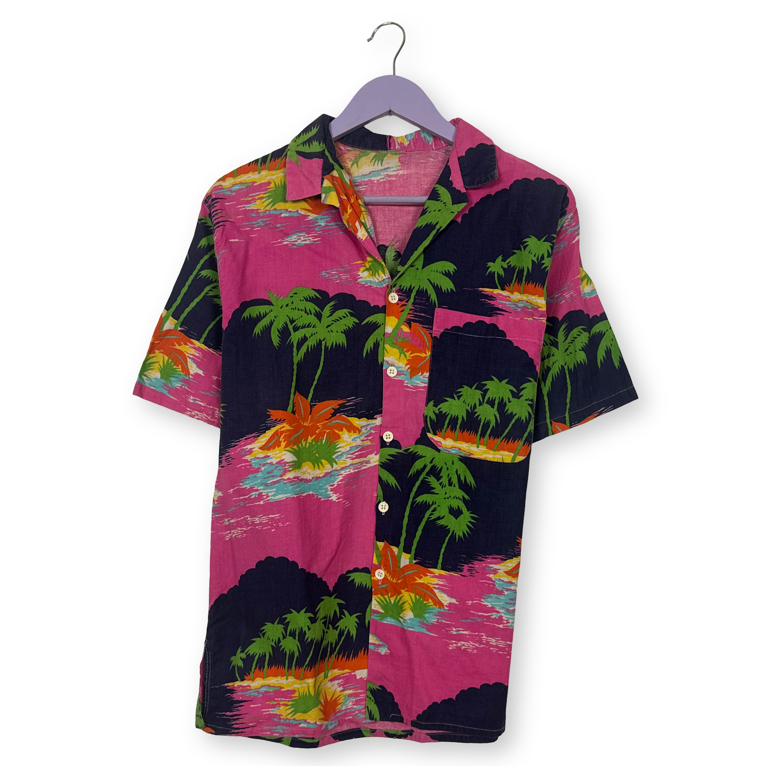 Camicia Vintage rosa e blu con fantasia hawaii multicolore anni 80 90 - Taglia S uomo