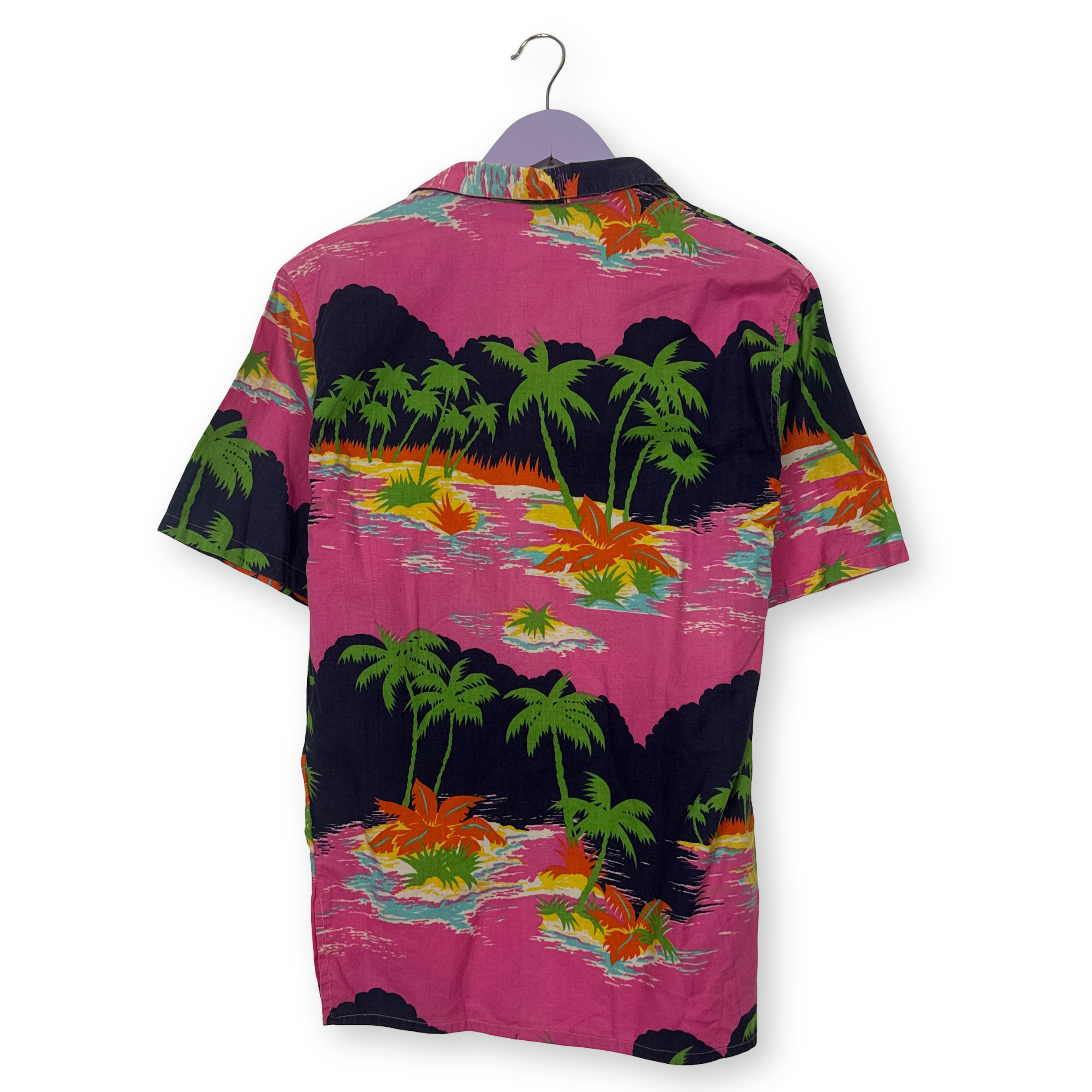 Camicia Vintage rosa e blu con fantasia hawaii multicolore anni 80 90 - Taglia S uomo