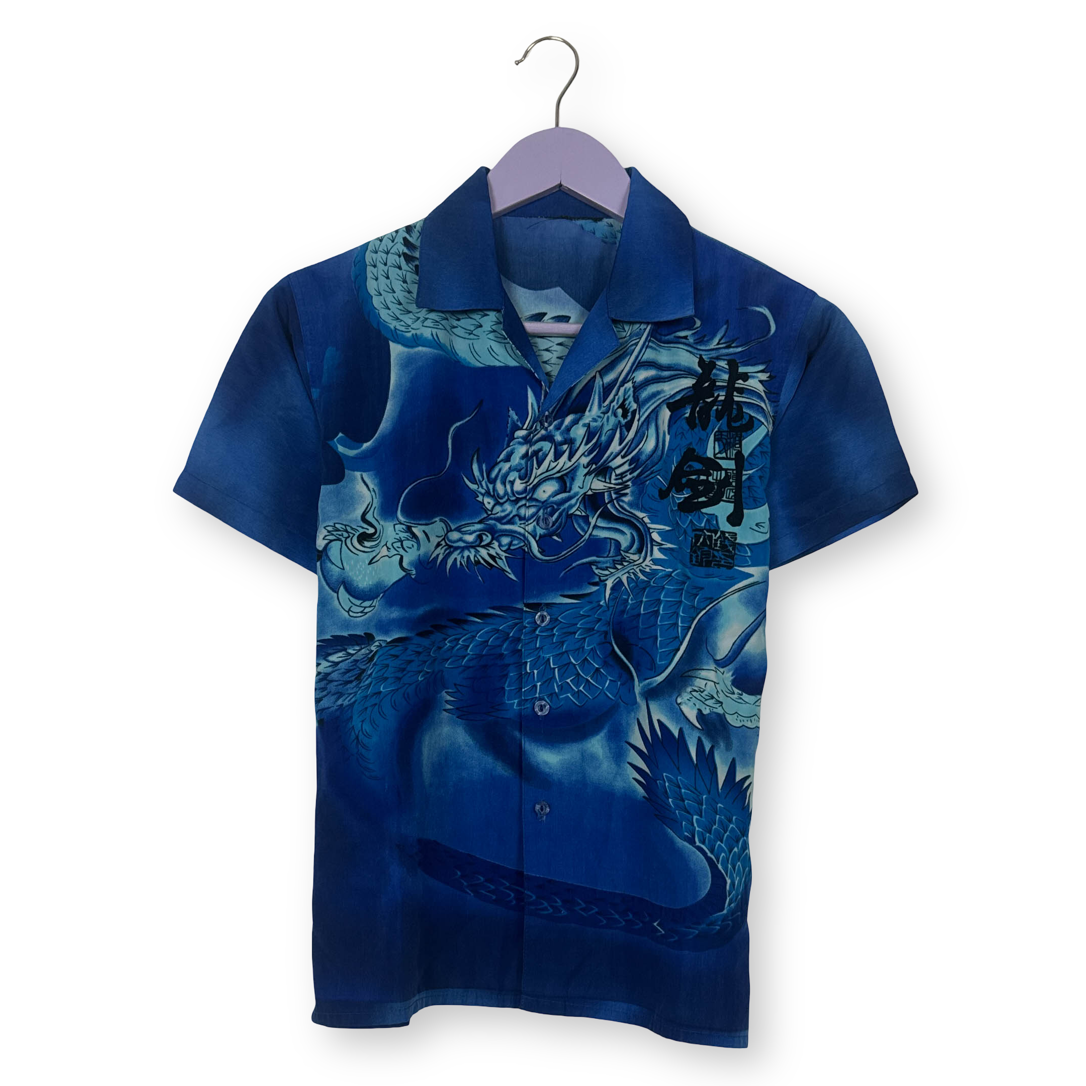 Camicia Vintage blu con stampa dragone all over anni 80 90 - Taglia XS uomo