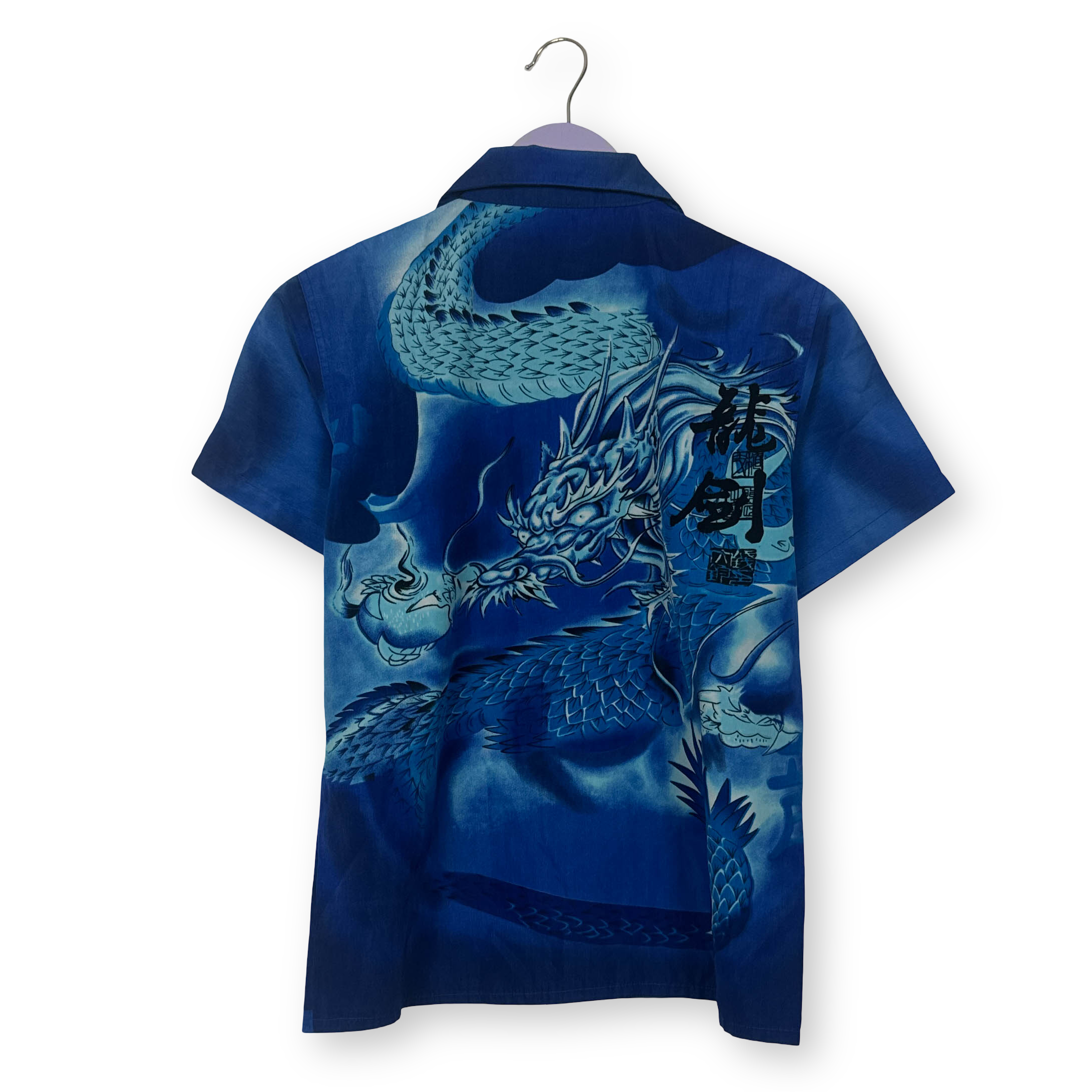 Camicia Vintage blu con stampa dragone all over anni 80 90 - Taglia XS uomo