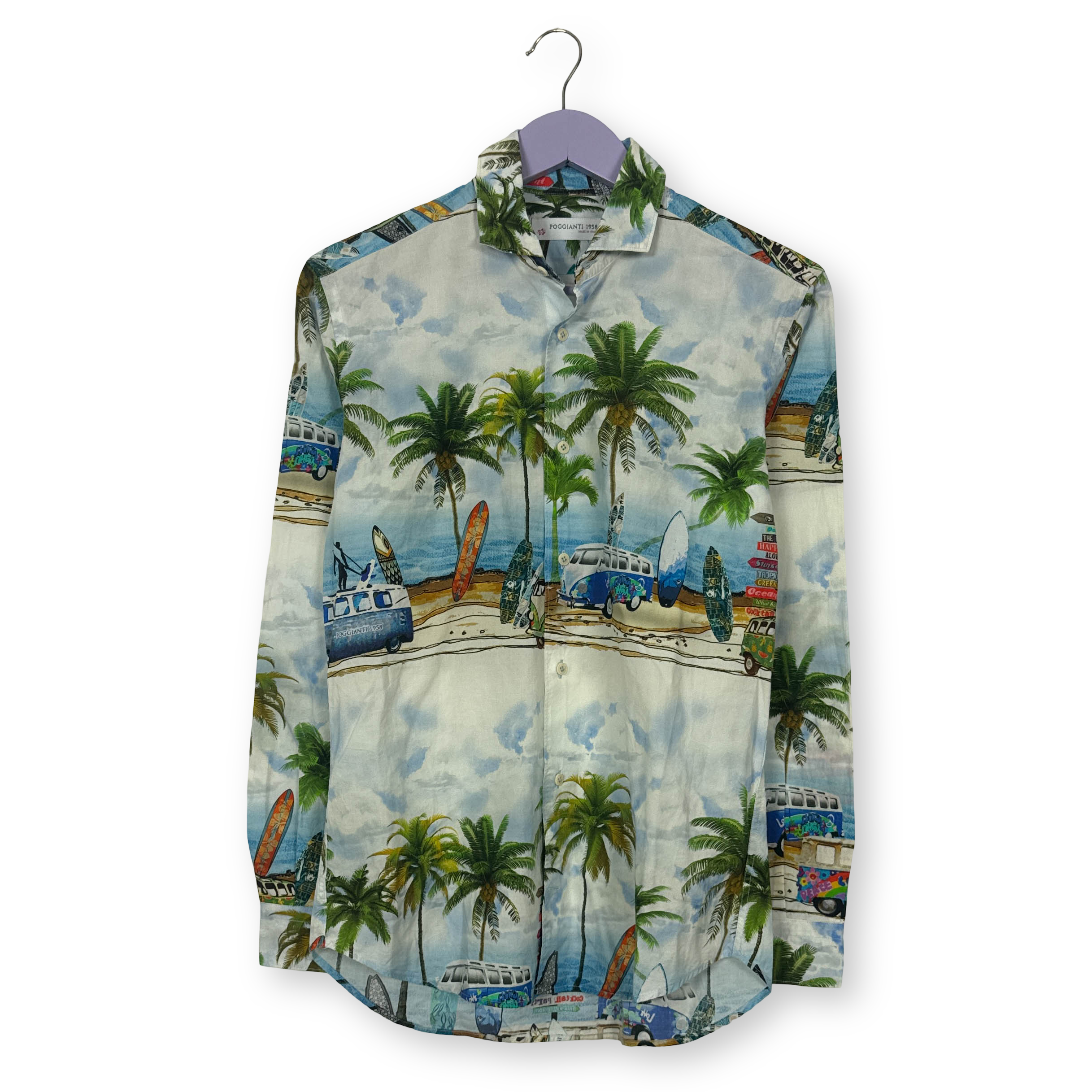 Camicia Vintage bianca con fantasia hawaii multicolore anni 80 90 - Taglia S uomo