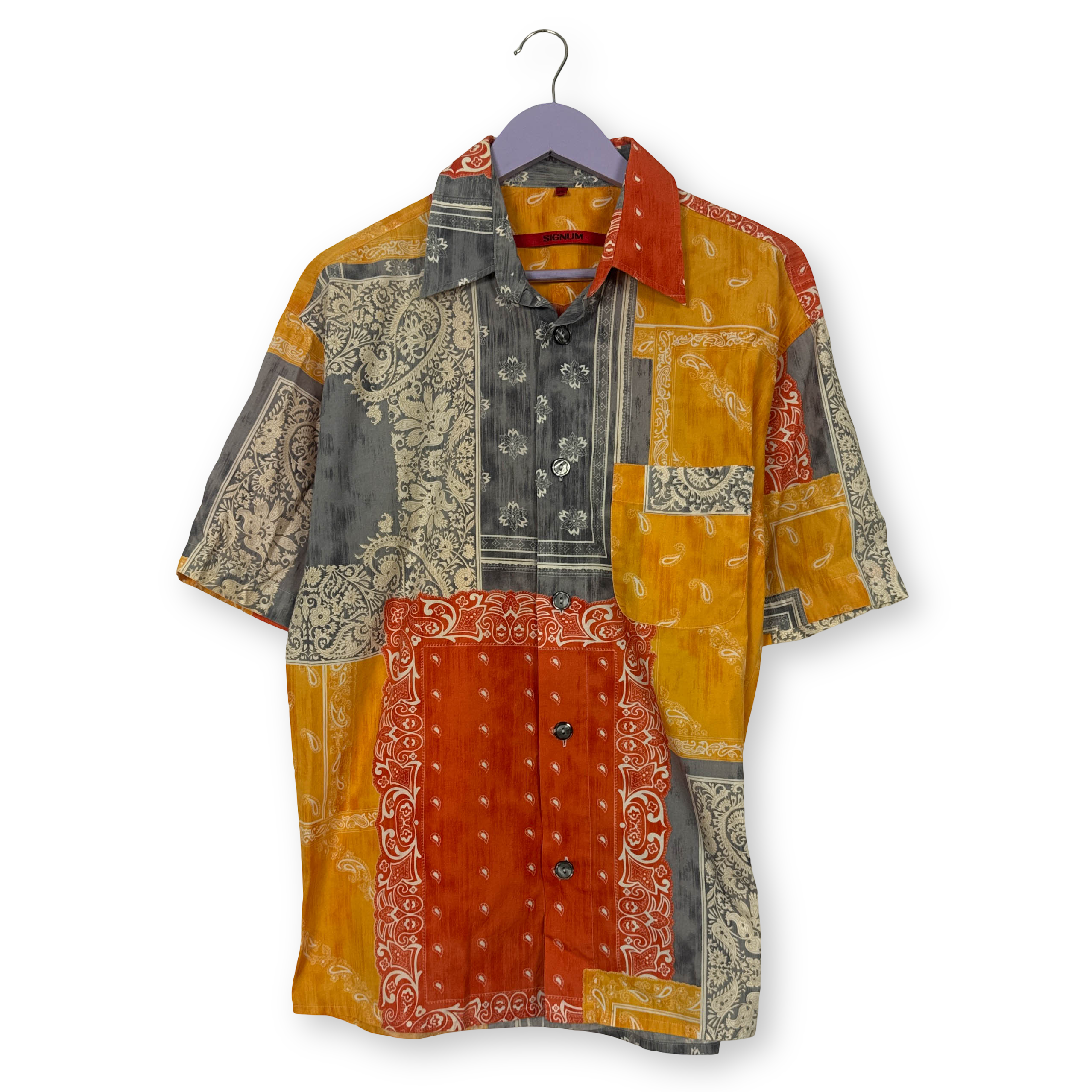 Camicia Vintage gialla arancione e grigia geometrica anni 80 90 - Taglia M uomo