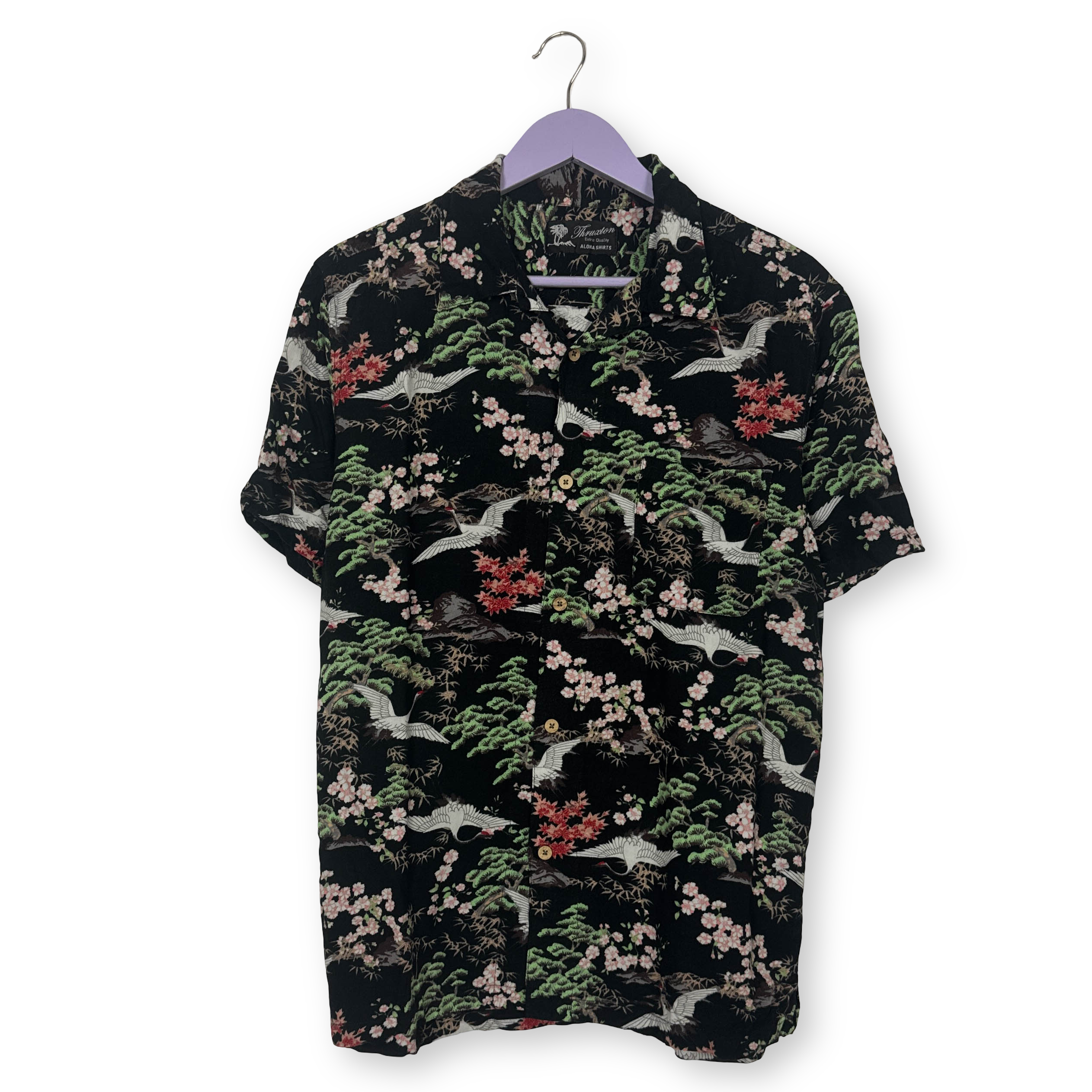 Camicia Vintage nera con fantasia naturale all over anni 80 90 - Taglia M uomo