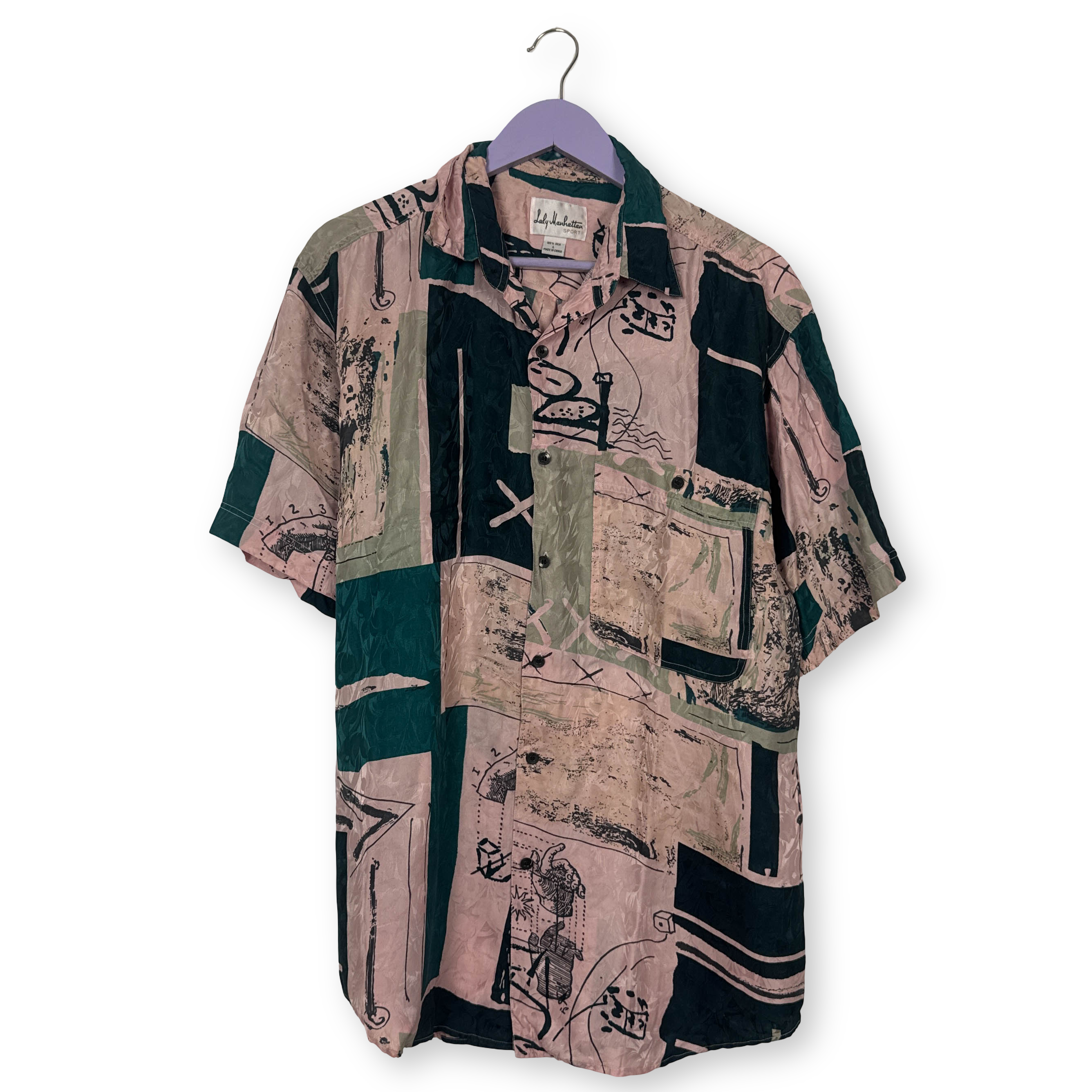 Camicia Vintage rosa fantasia verde e nera astratta 100% seta anni 80 90 - Taglia L uomo