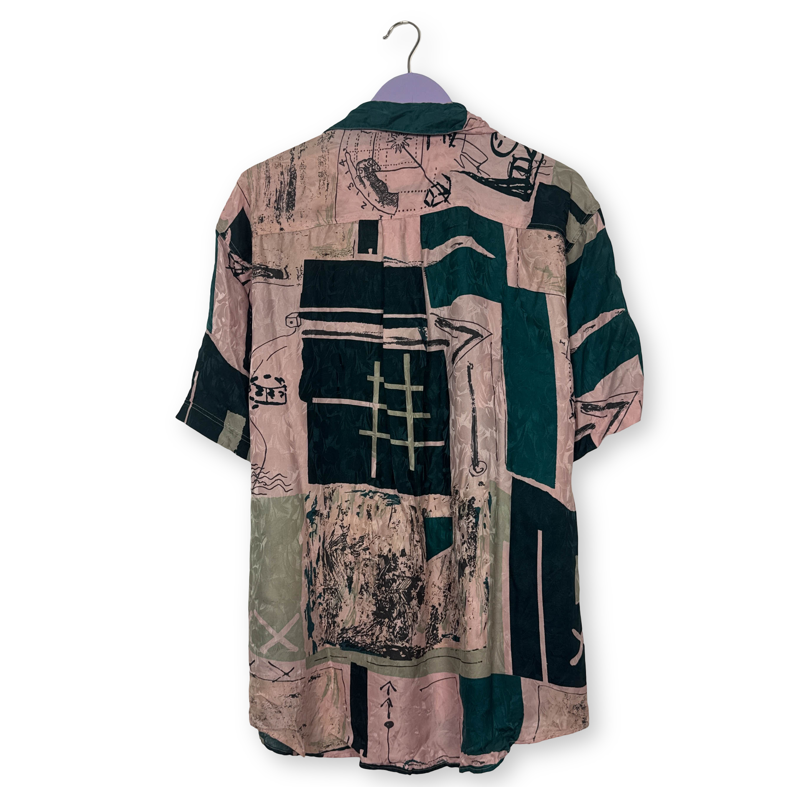 Camicia Vintage rosa fantasia verde e nera astratta 100% seta anni 80 90 - Taglia L uomo