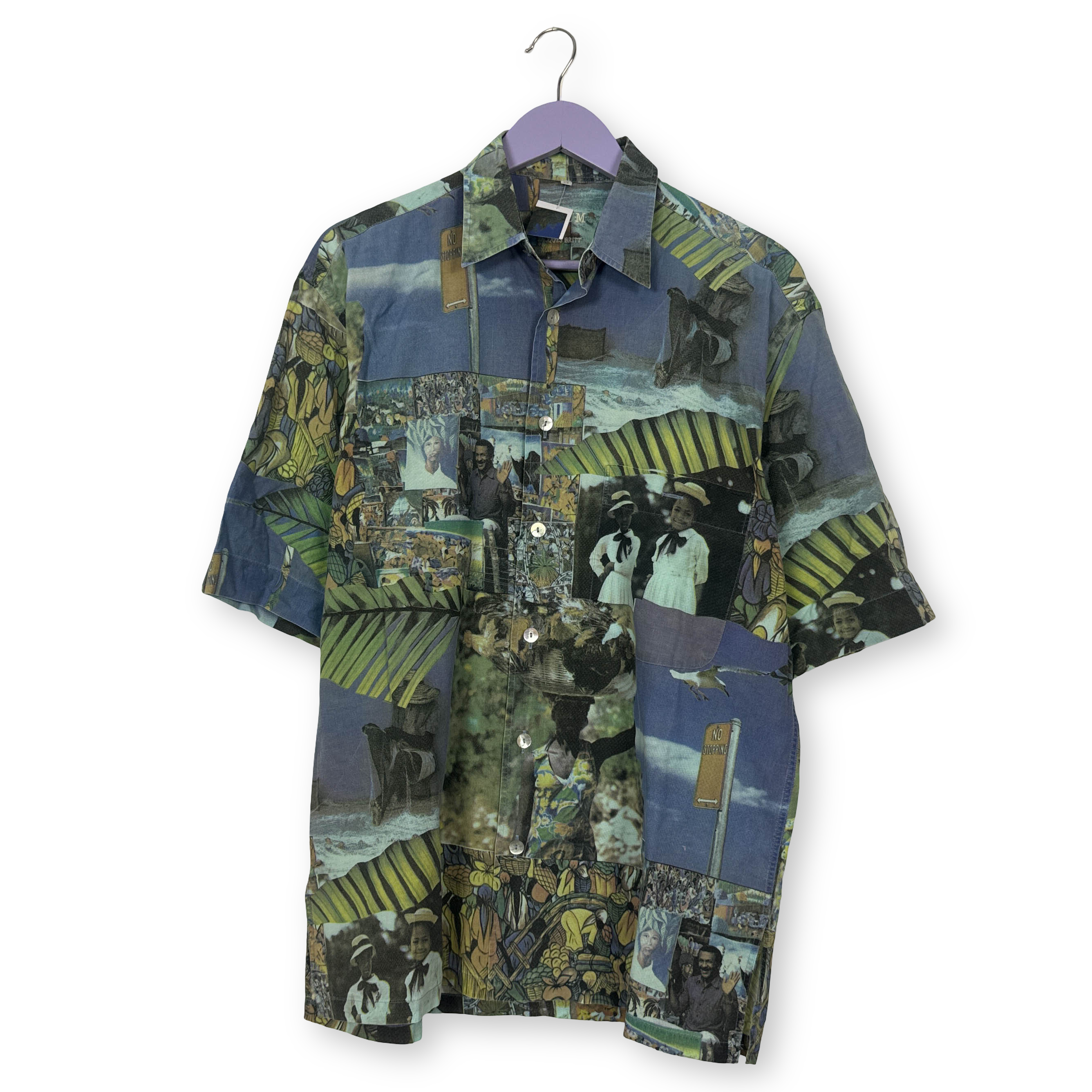 Camicia Vintage blu e verde con stampa all over anni 80 90 - Taglia 39 uomo