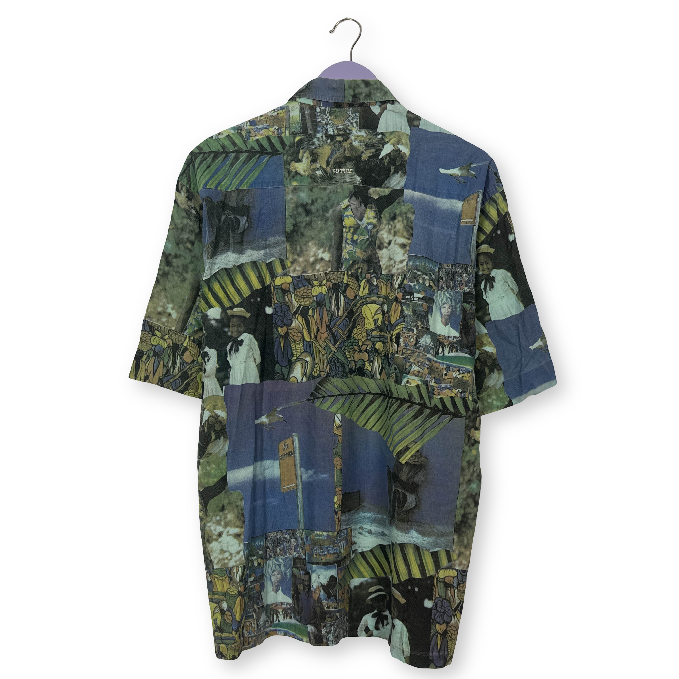 Camicia Vintage blu e verde con stampa all over anni 80 90 - Taglia 39 uomo