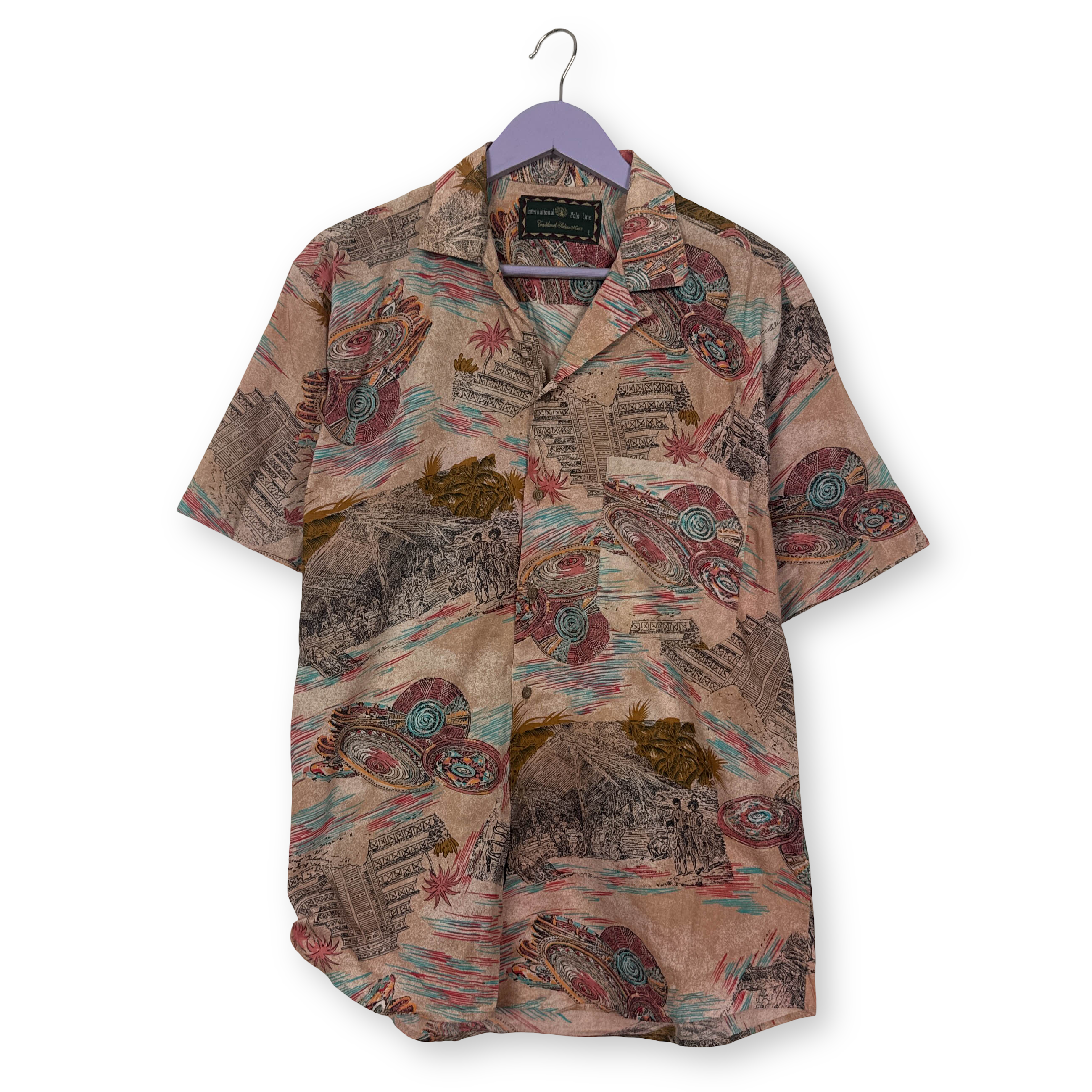 Camicia Vintage rosa con fantasia astratta multicolore anni 80 90 - Taglia L uomo