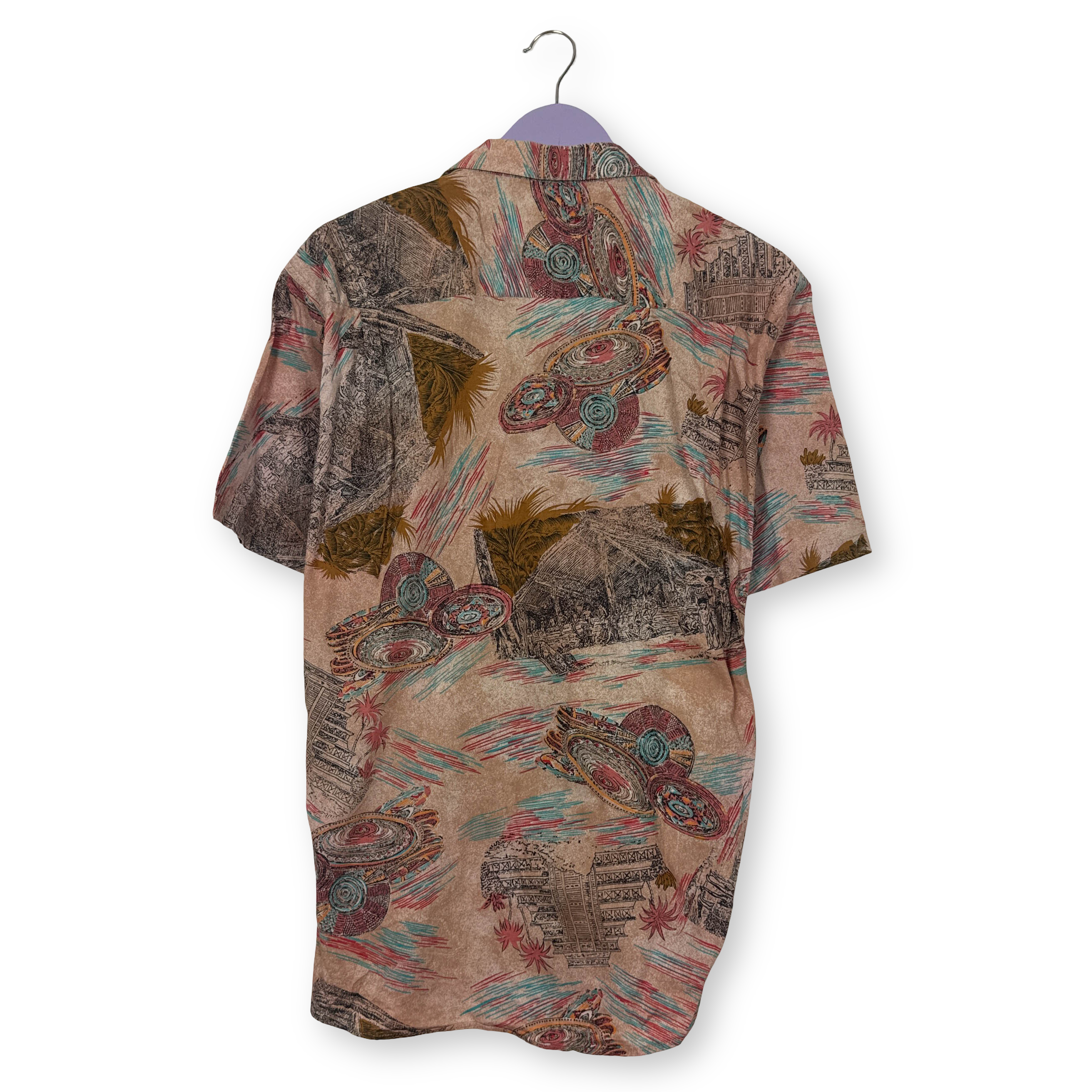 Camicia Vintage rosa con fantasia astratta multicolore anni 80 90 - Taglia L uomo