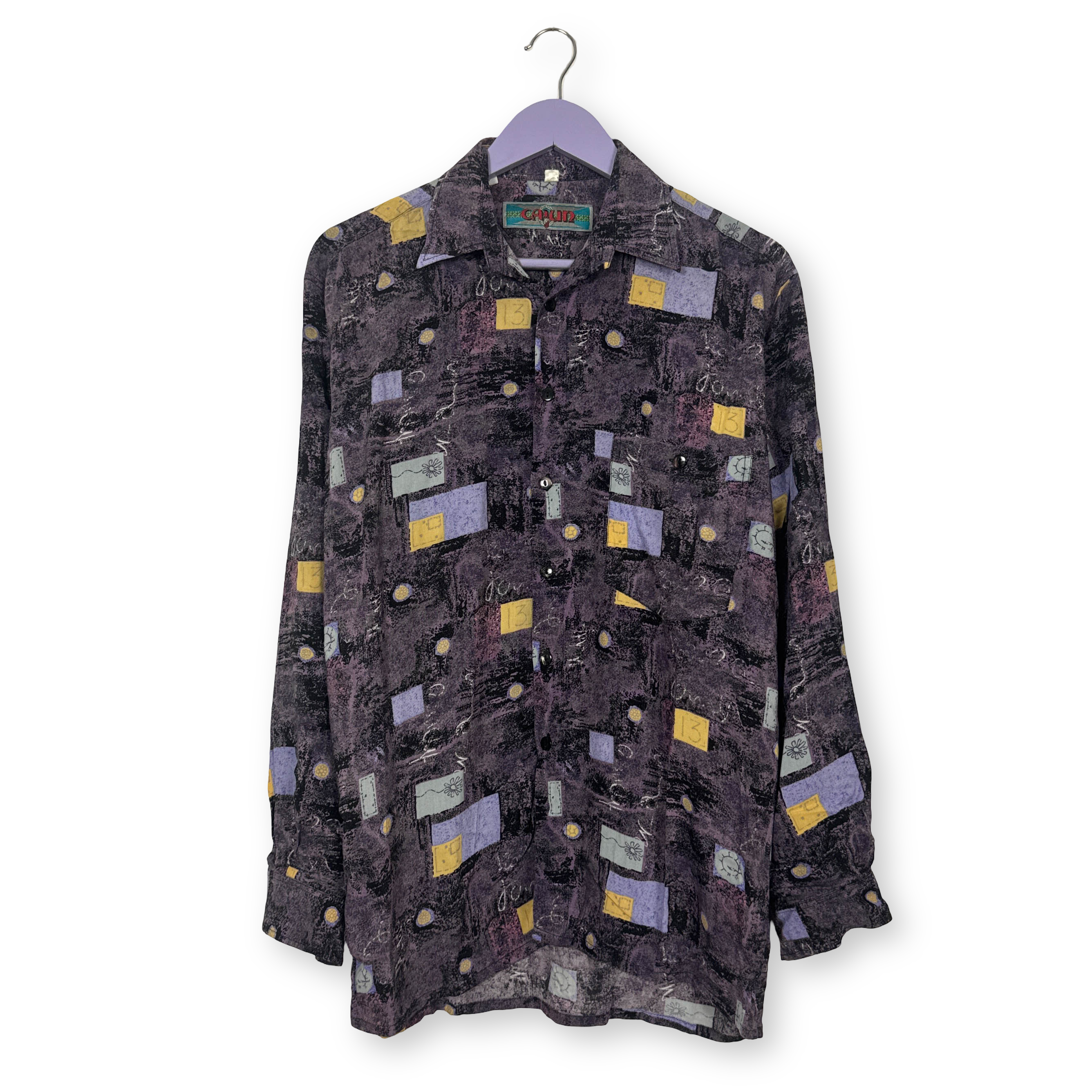 Camicia Vintage viola e gialla astratta geometrica anni 80 90 - Taglia M uomo