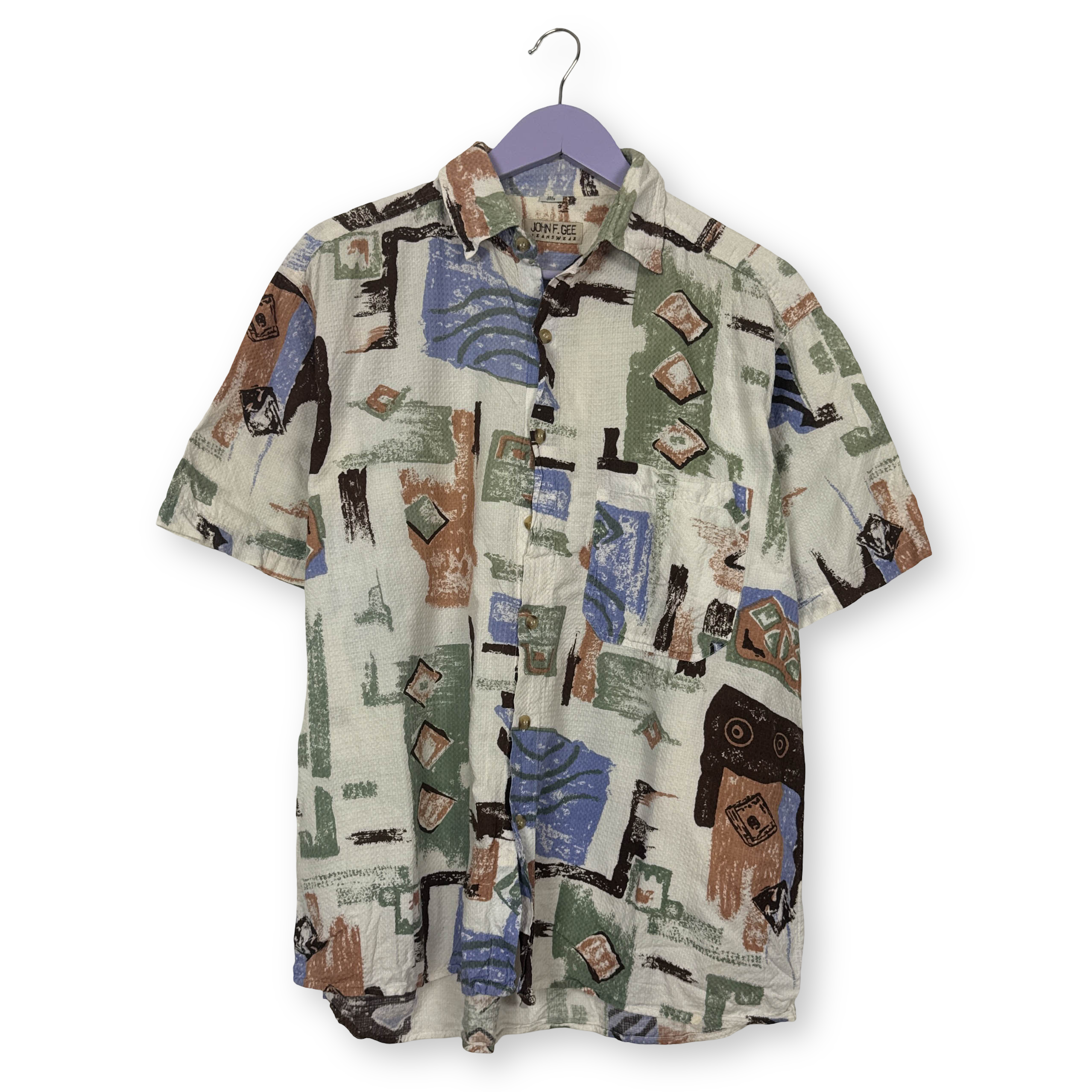 Camicia Vintage bianca fantasia multicolore in cotone anni 80 90 - Taglia 41/42 uomo