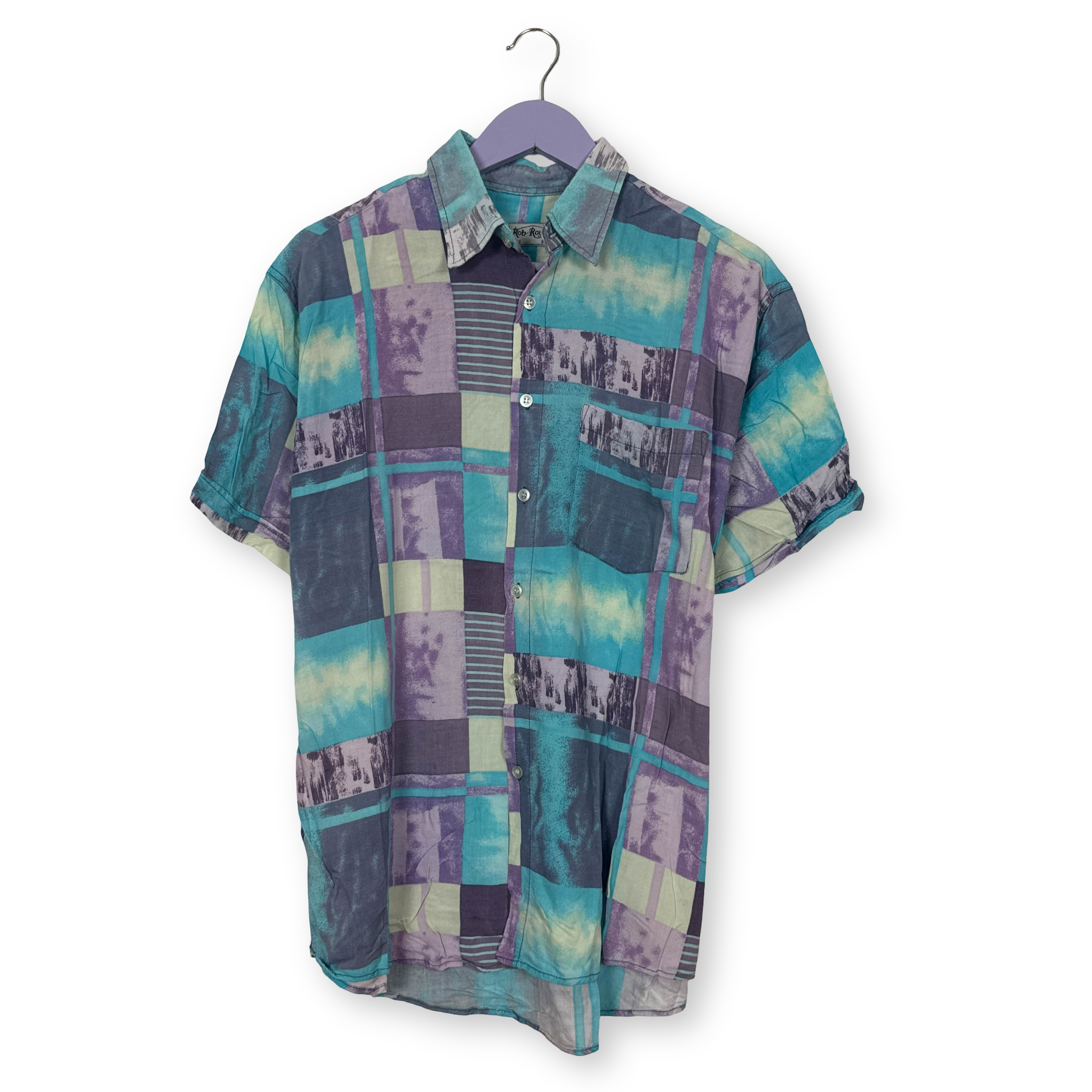 Camicia Vintage azzurra bianca e viola geometrica anni 80 90 - Taglia M/L uomo