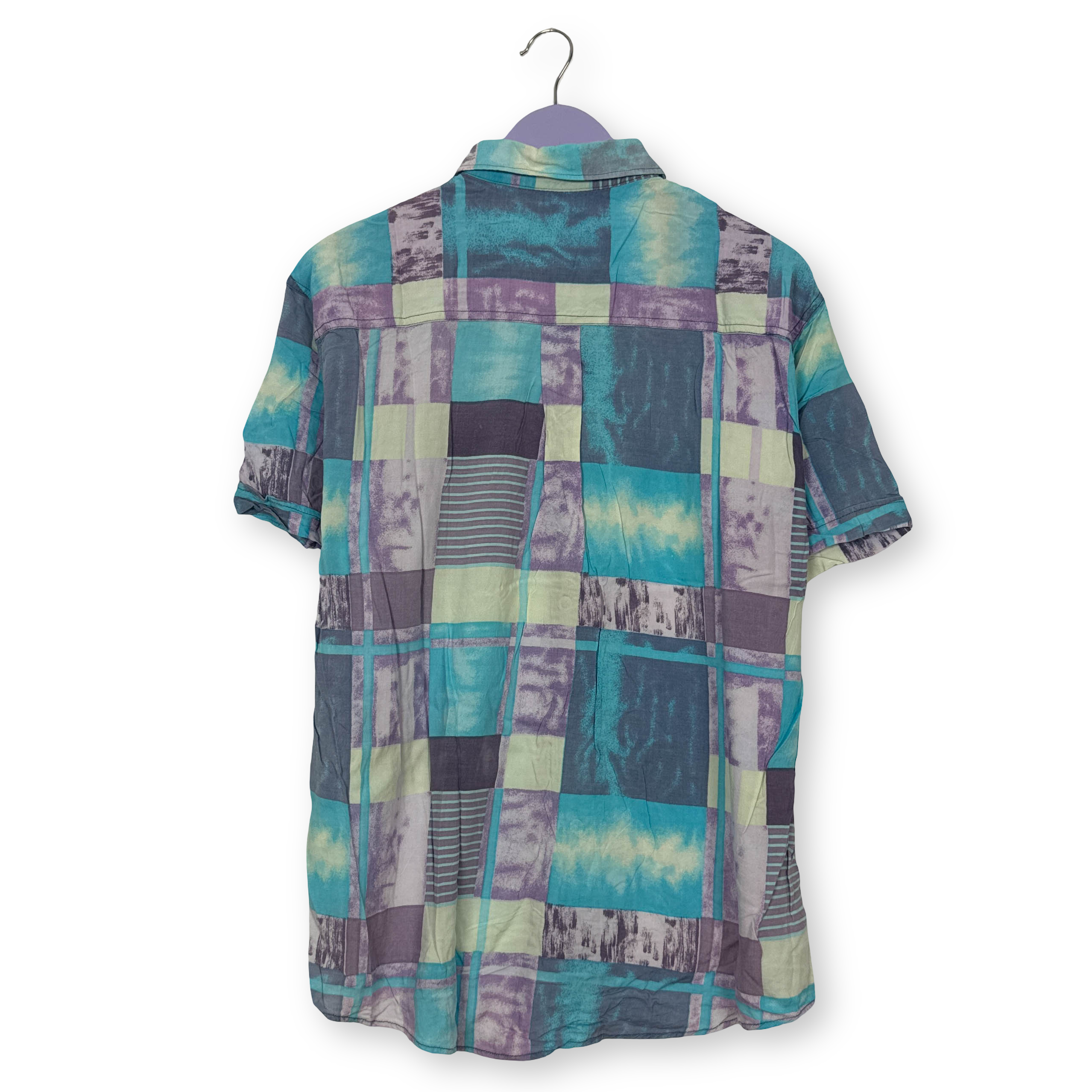 Camicia Vintage azzurra bianca e viola geometrica anni 80 90 - Taglia M/L uomo
