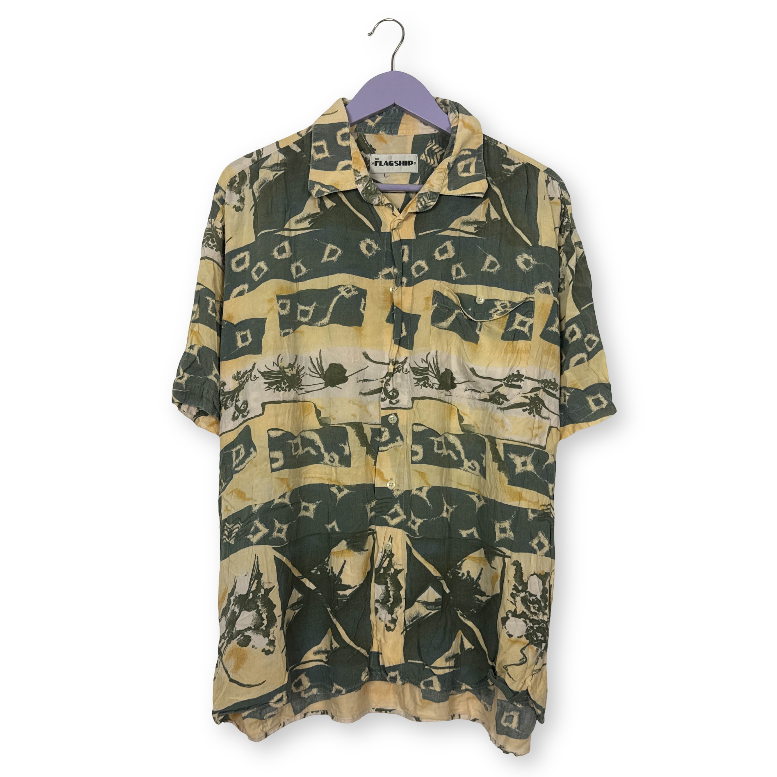 Camicia Vintage gialla e verde fantasia astratta anni 80 90 - Taglia L uomo