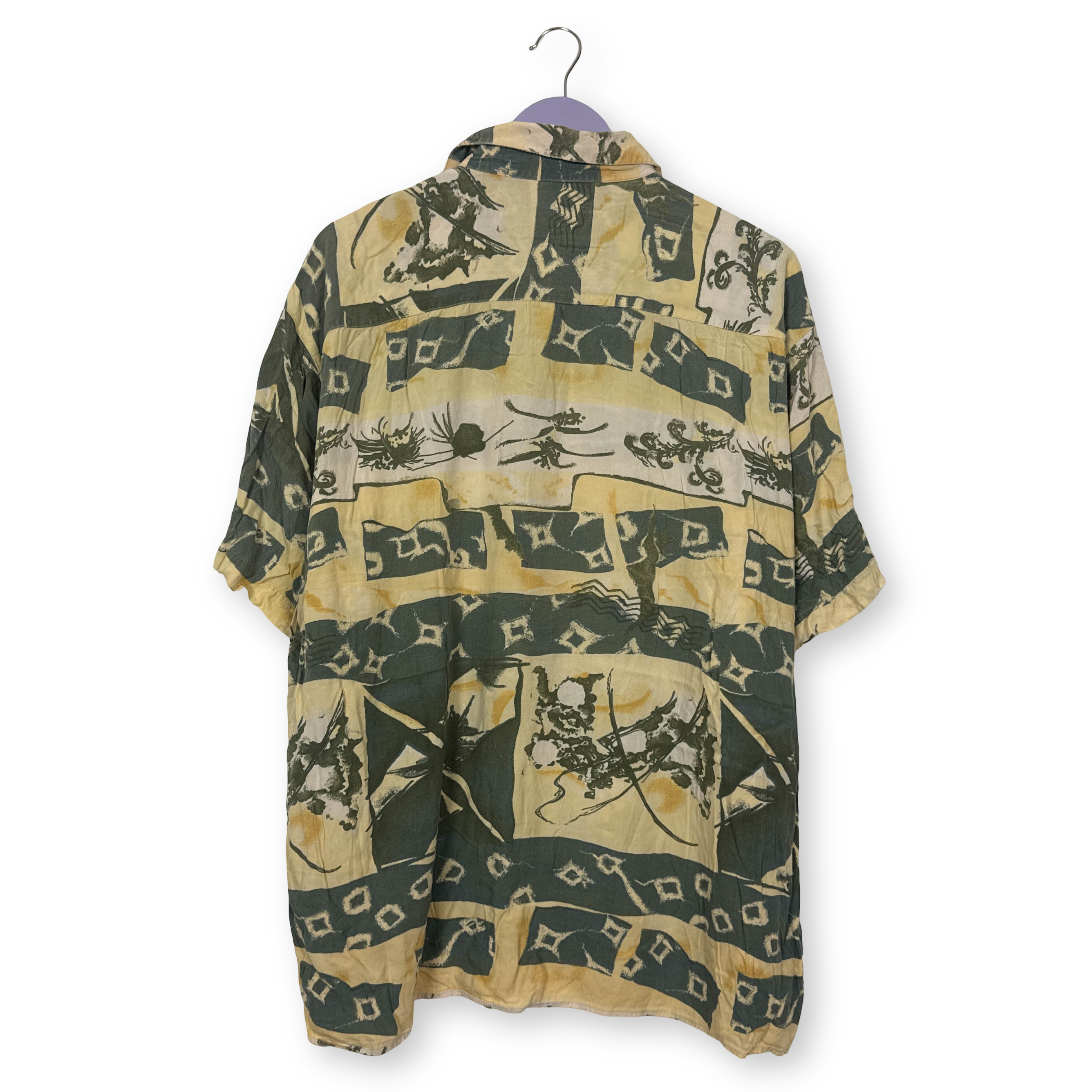 Camicia Vintage gialla e verde fantasia astratta anni 80 90 - Taglia L uomo
