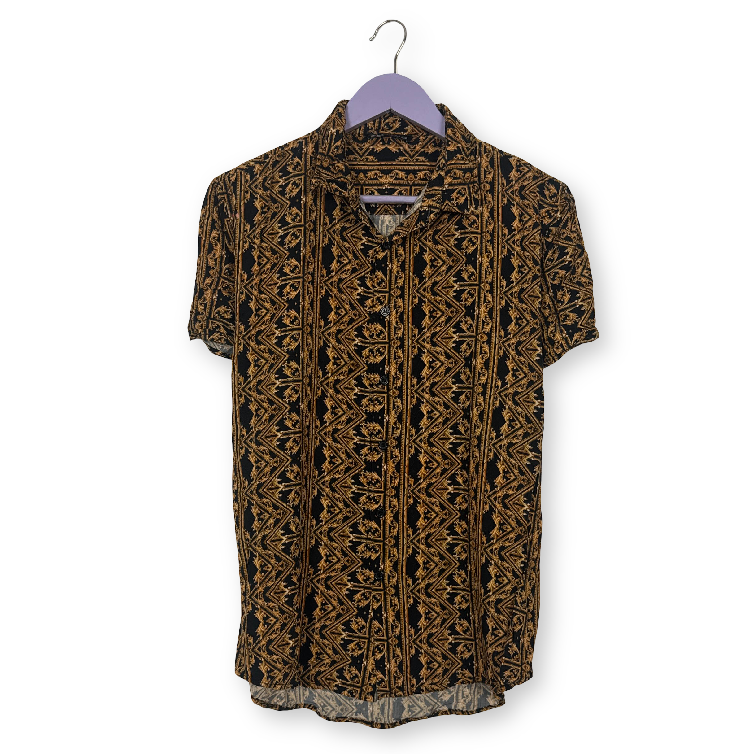 Camicia Vintage nera e arancione fantasia astratta anni 80 90 - Taglia S/M uomo