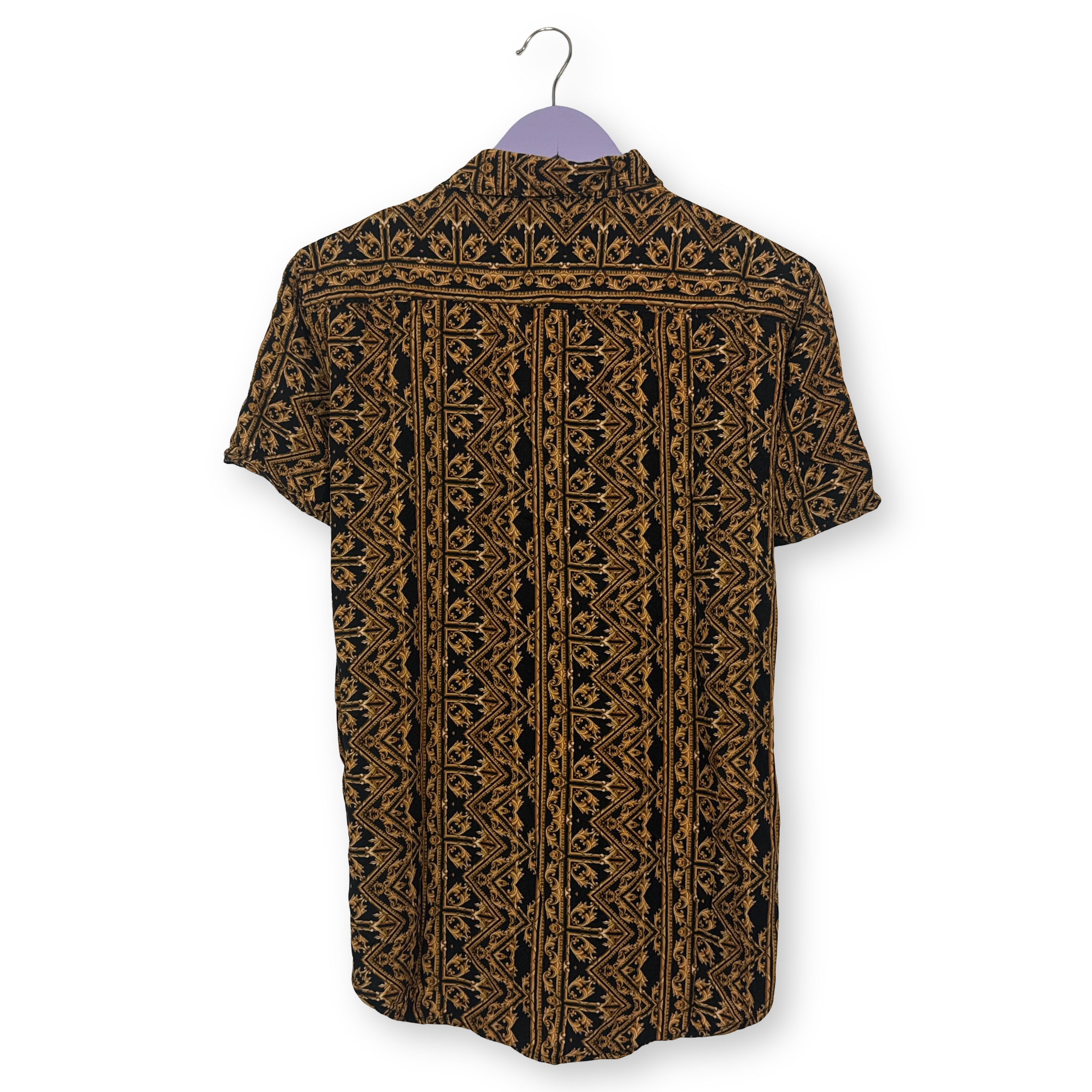 Camicia Vintage nera e arancione fantasia astratta anni 80 90 - Taglia S/M uomo