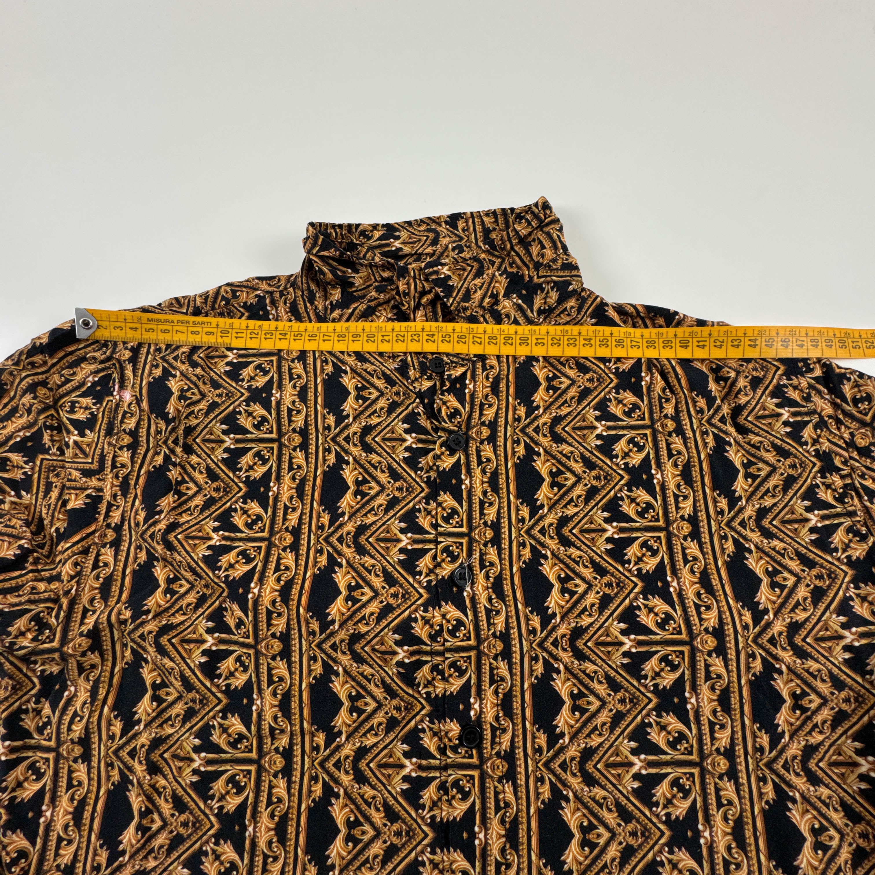 Camicia Vintage nera e arancione fantasia astratta anni 80 90 - Taglia S/M uomo