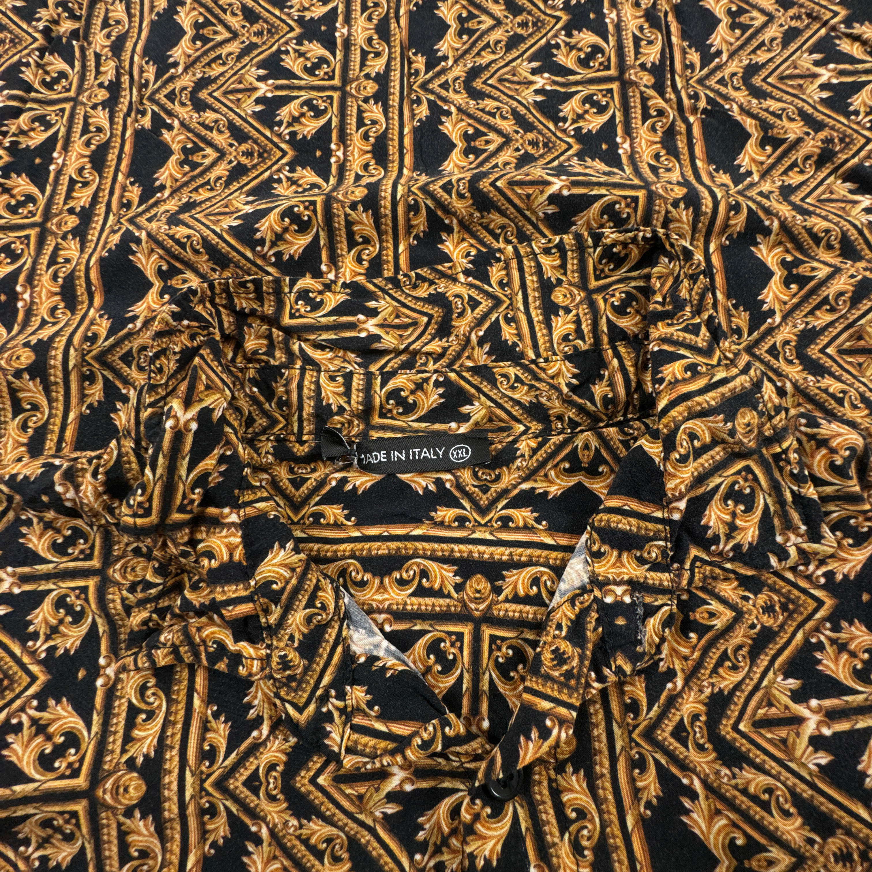 Camicia Vintage nera e arancione fantasia astratta anni 80 90 - Taglia S/M uomo