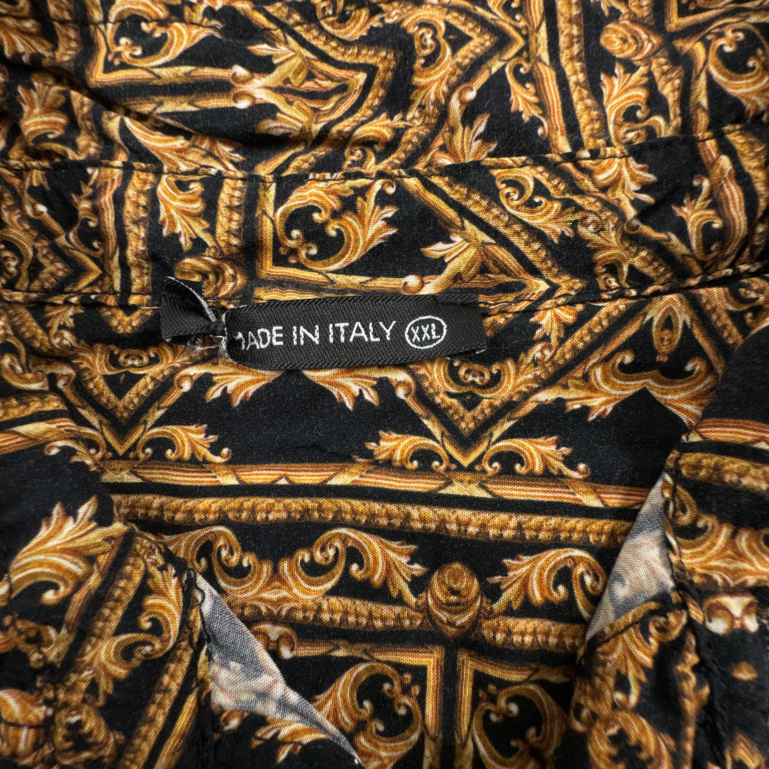 Camicia Vintage nera e arancione fantasia astratta anni 80 90 - Taglia S/M uomo