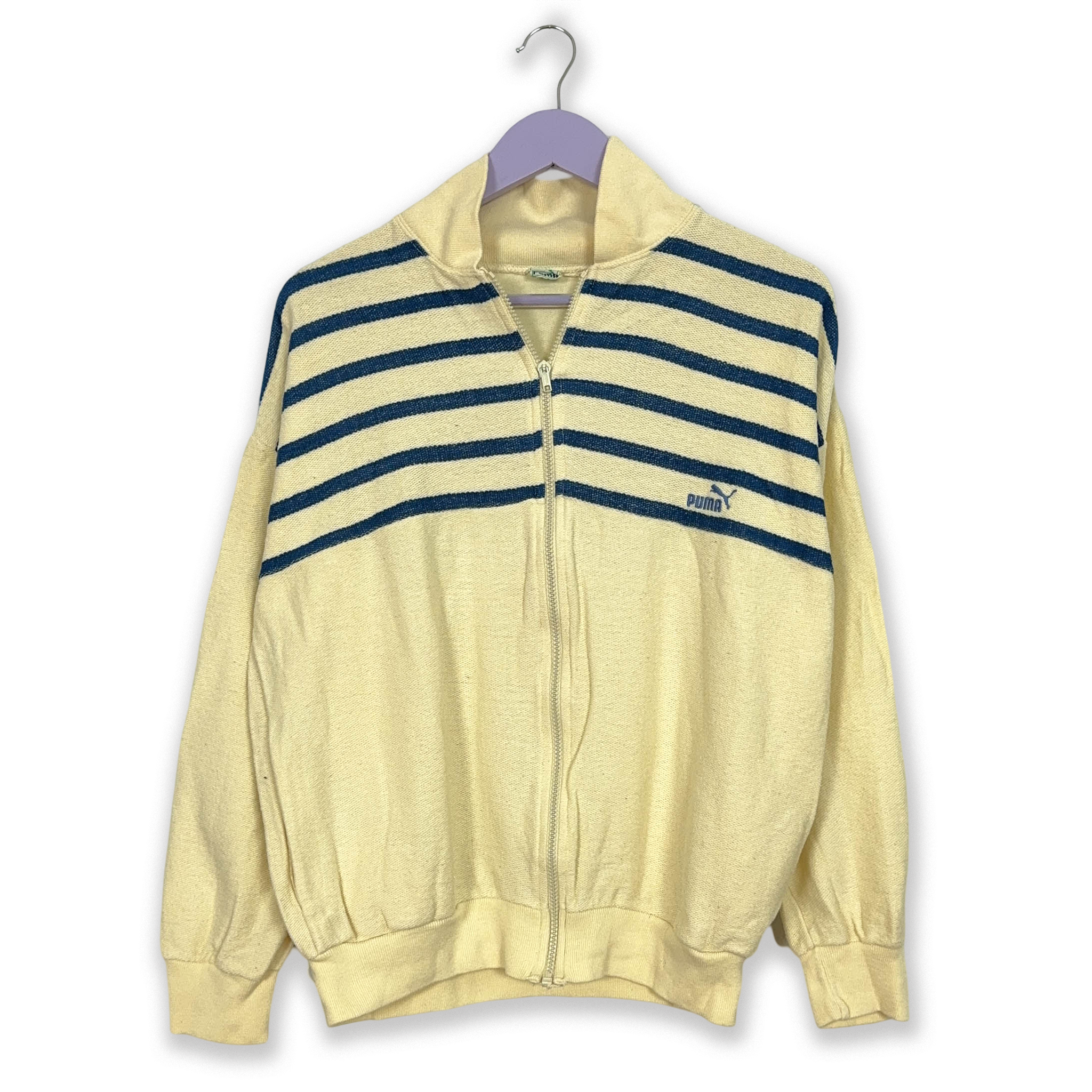 Felpa Puma Vintage beige a righe blu con zip anni 80 - Taglia S/M uomo