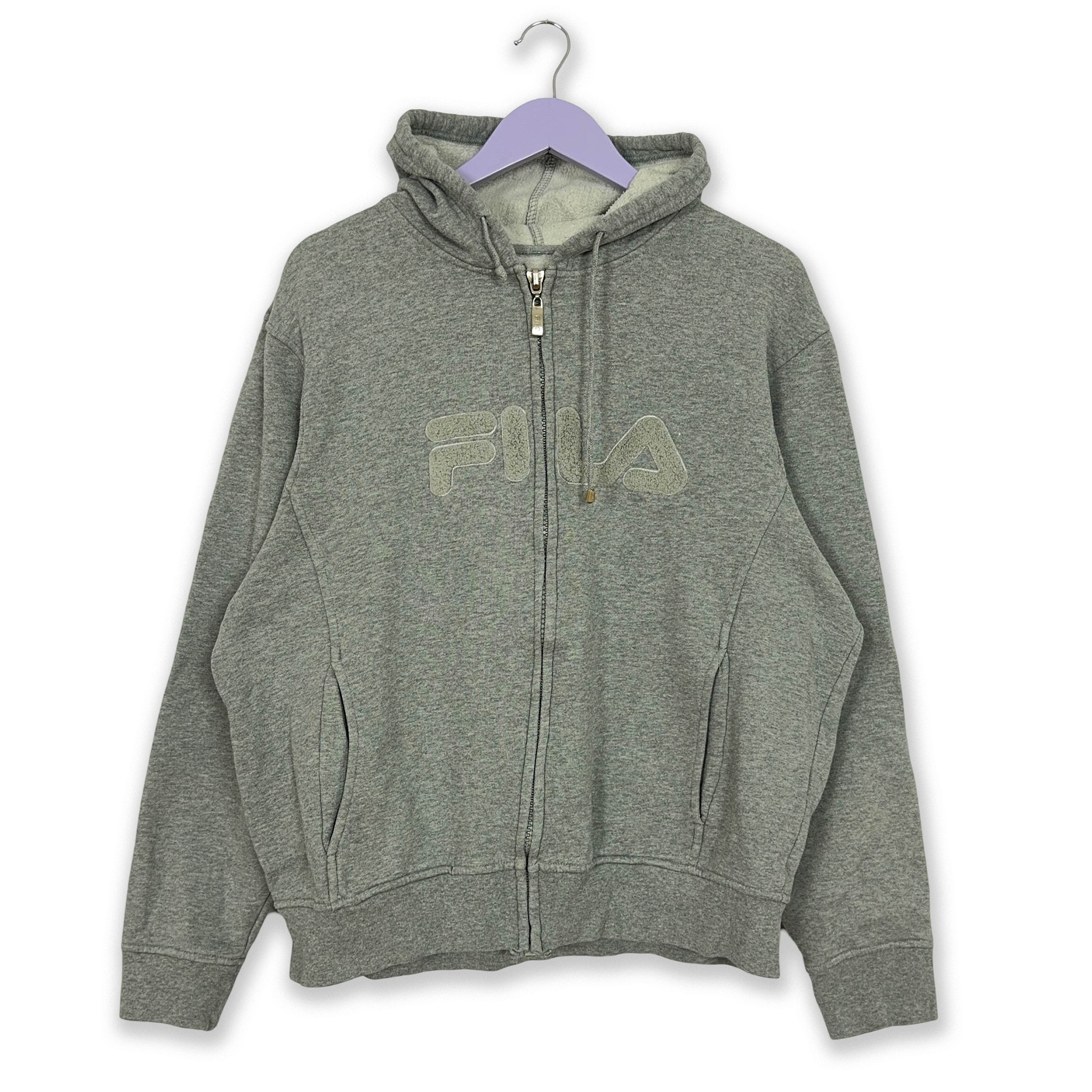 Felpa Fila Vintage grigia con cappuccio e zip anni 2000 logo grande - Taglia M/L uomo