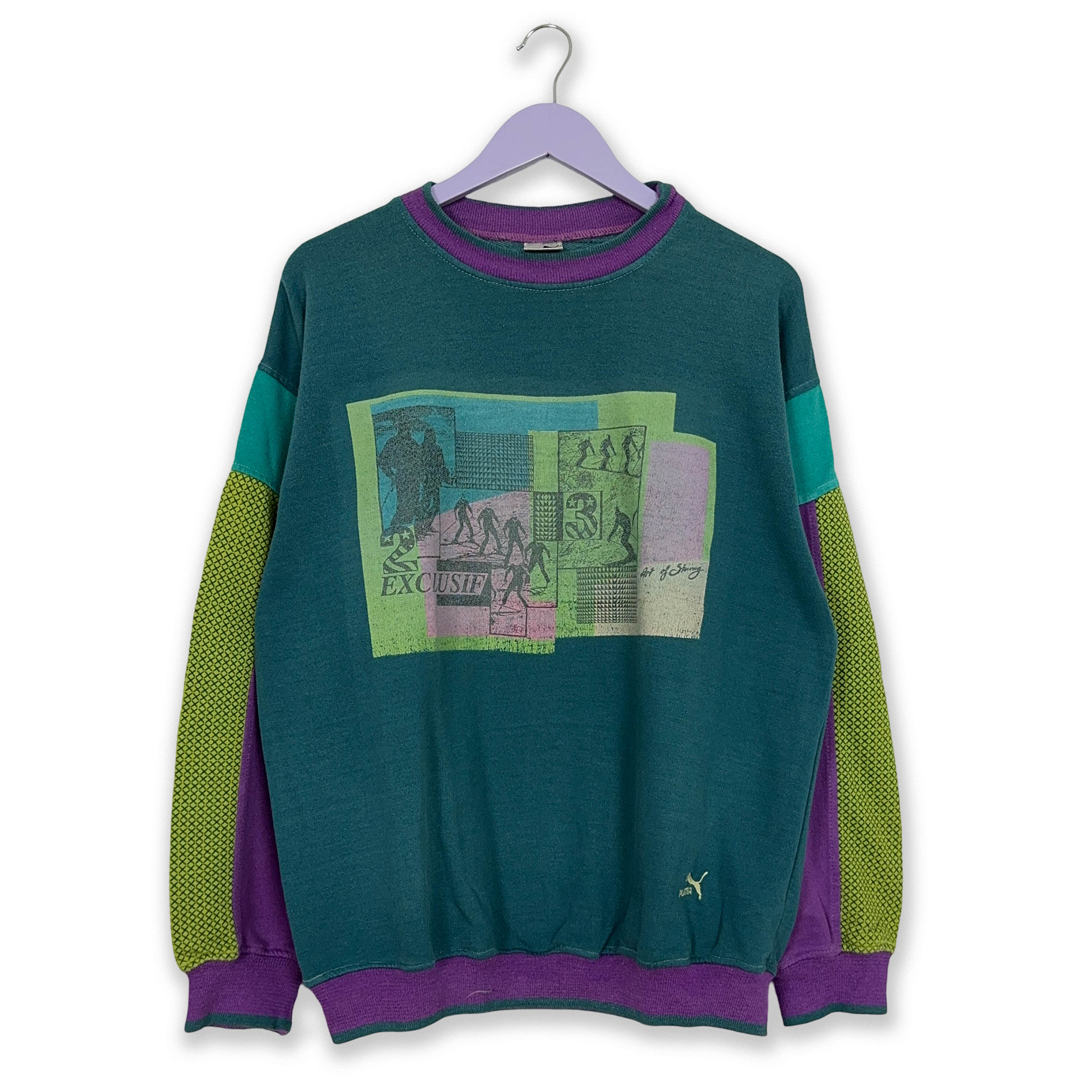 Felpa Puma Vintage blu verde a girocollo con stampa anni 90 - Taglia 7 L uomo