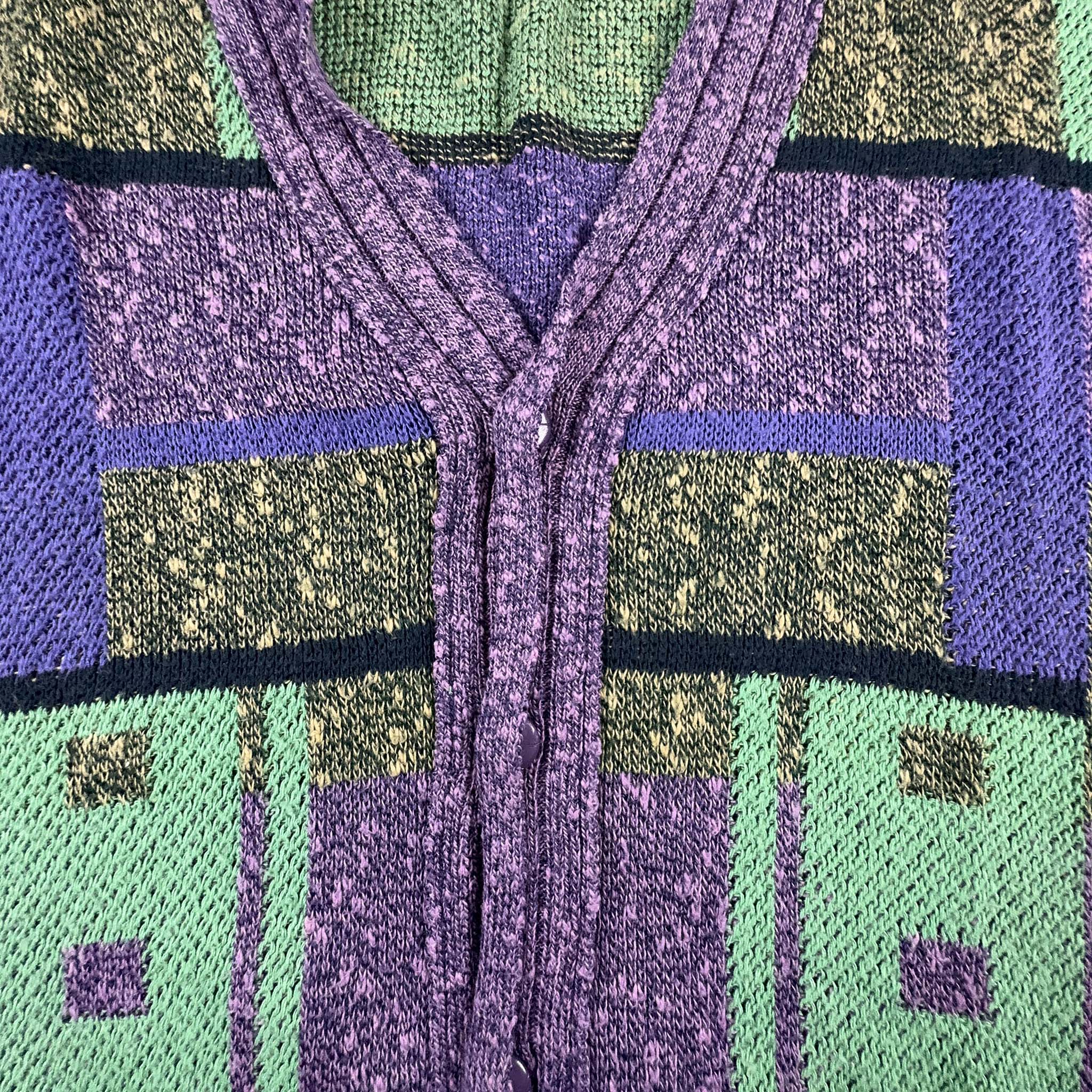 Vintage Purple and Green Geometric Pattern Cardigan - Size L Men