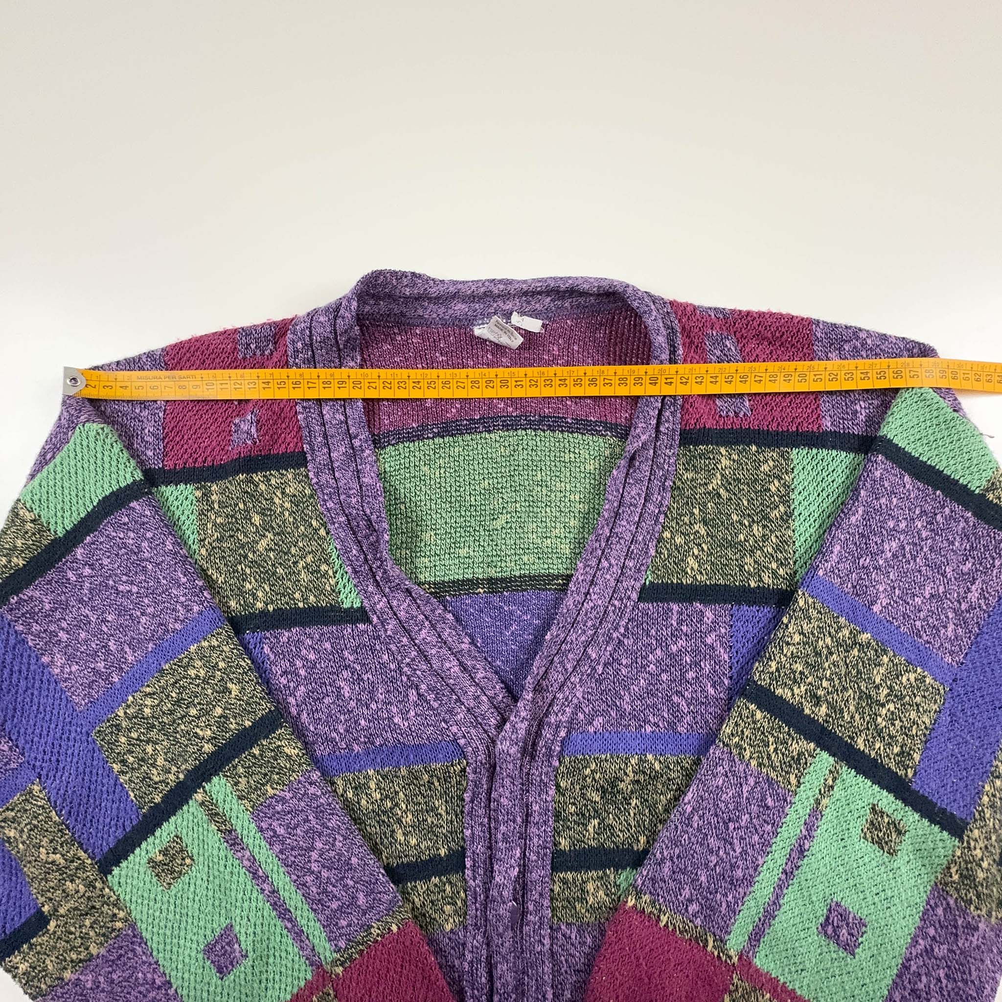 Vintage Purple and Green Geometric Pattern Cardigan - Size L Men