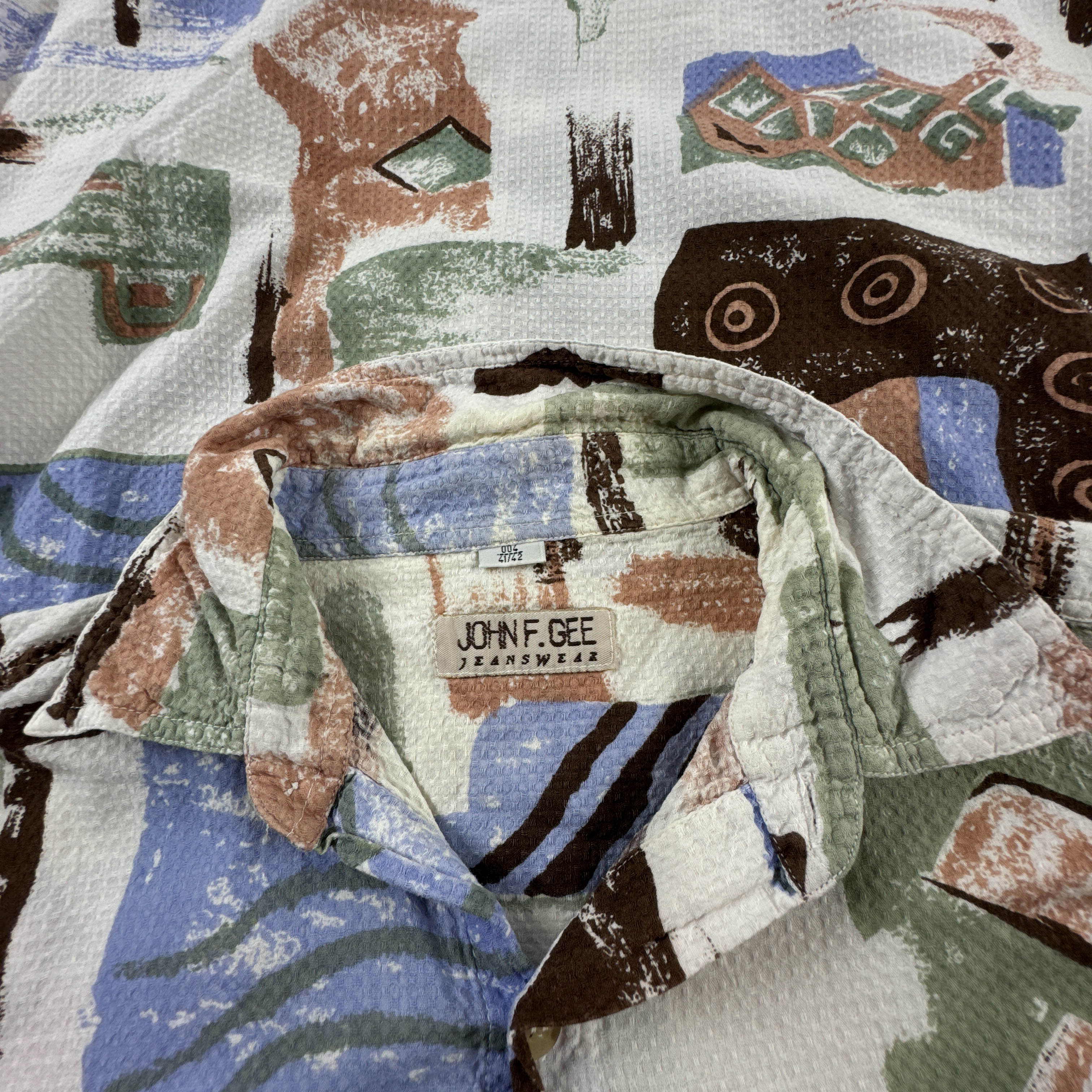 Camicia Vintage bianca fantasia multicolore in cotone anni 80 90 - Taglia 41/42 uomo