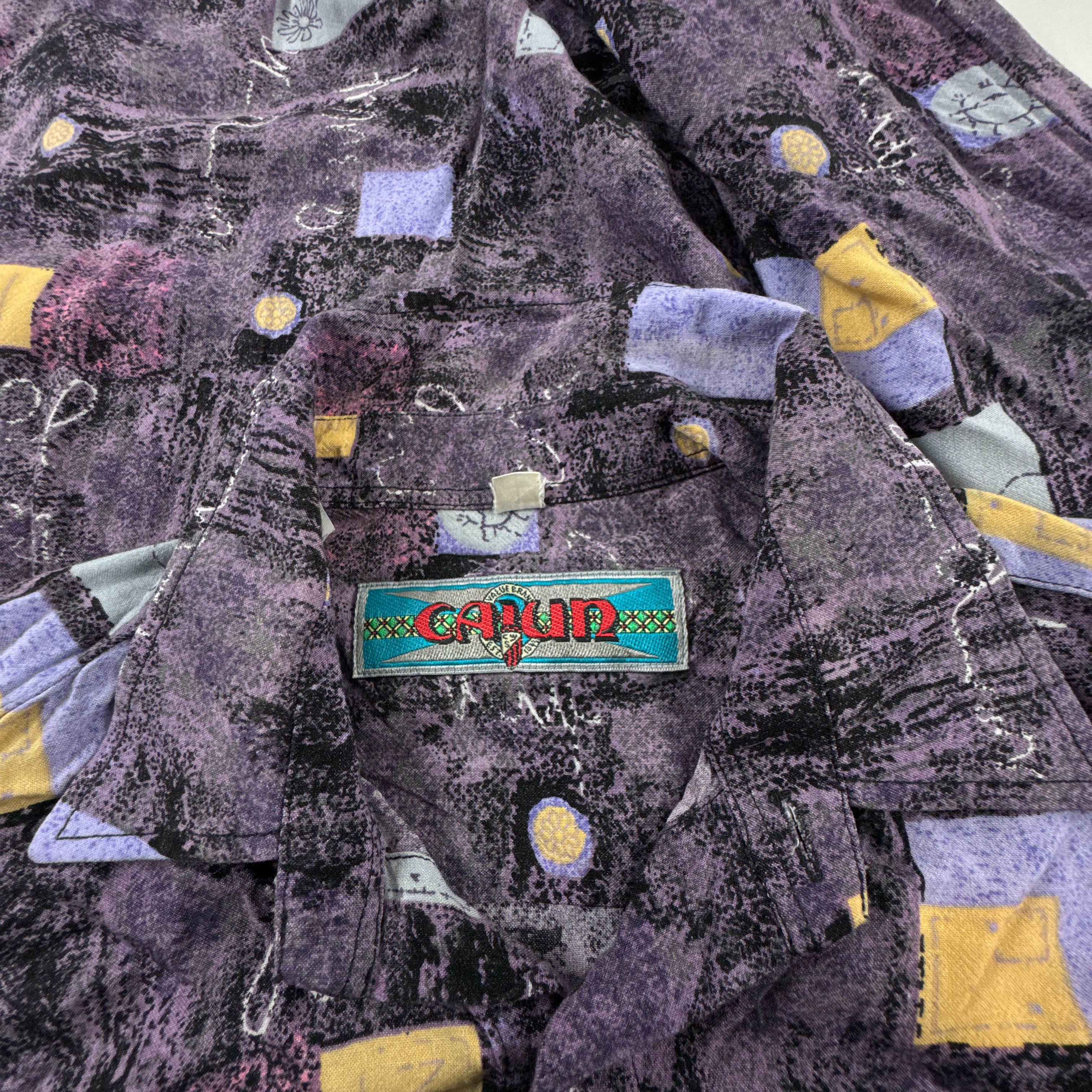 Camicia Vintage viola e gialla astratta geometrica anni 80 90 - Taglia M uomo