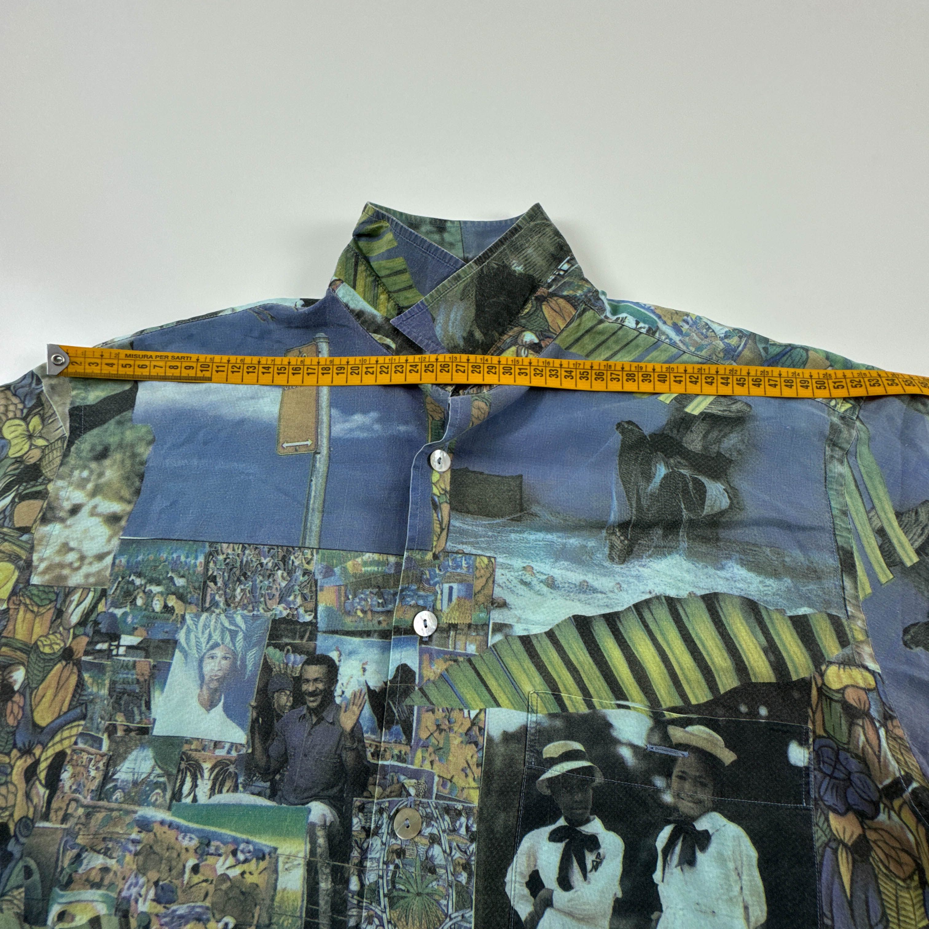 Camicia Vintage blu e verde con stampa all over anni 80 90 - Taglia 39 uomo