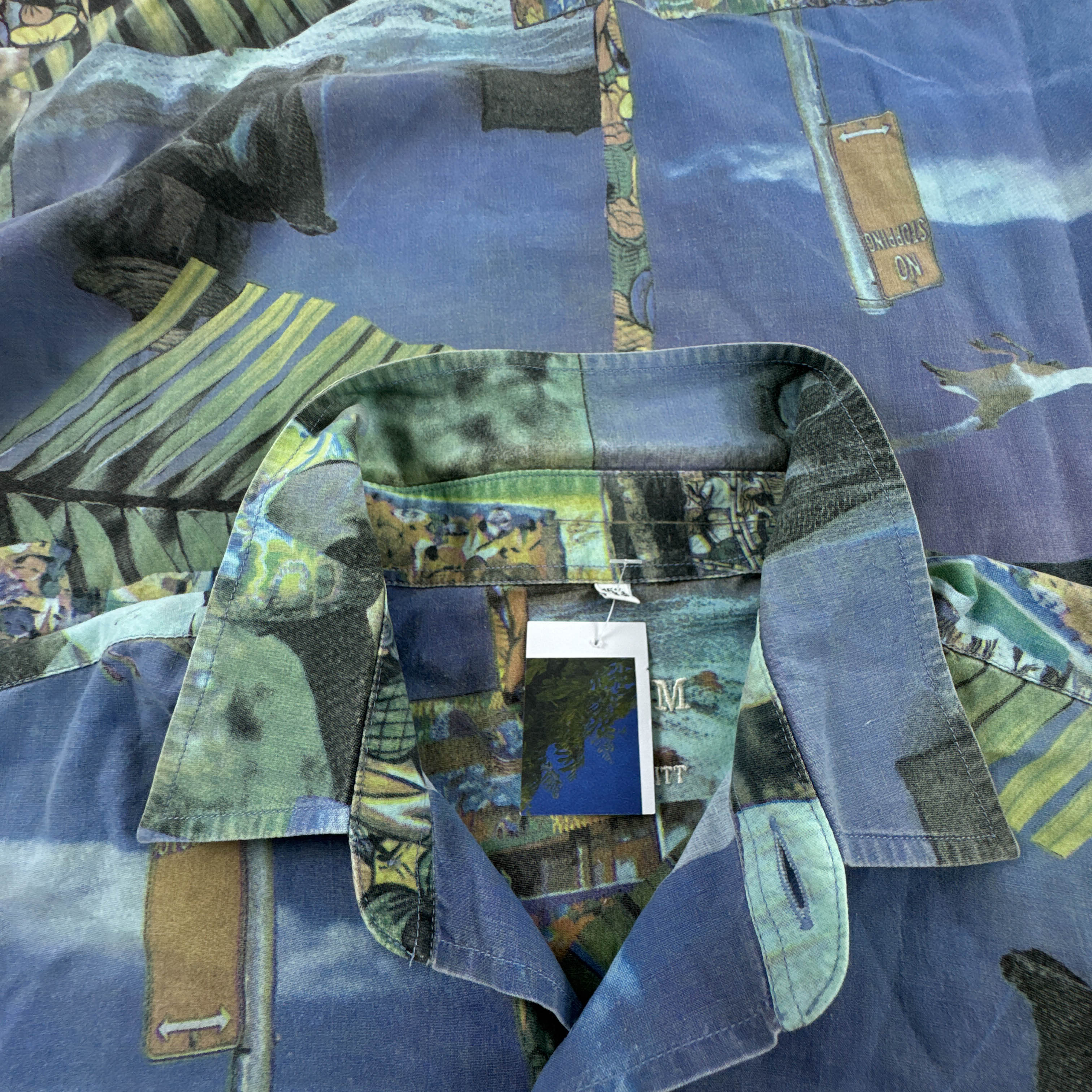 Camicia Vintage blu e verde con stampa all over anni 80 90 - Taglia 39 uomo