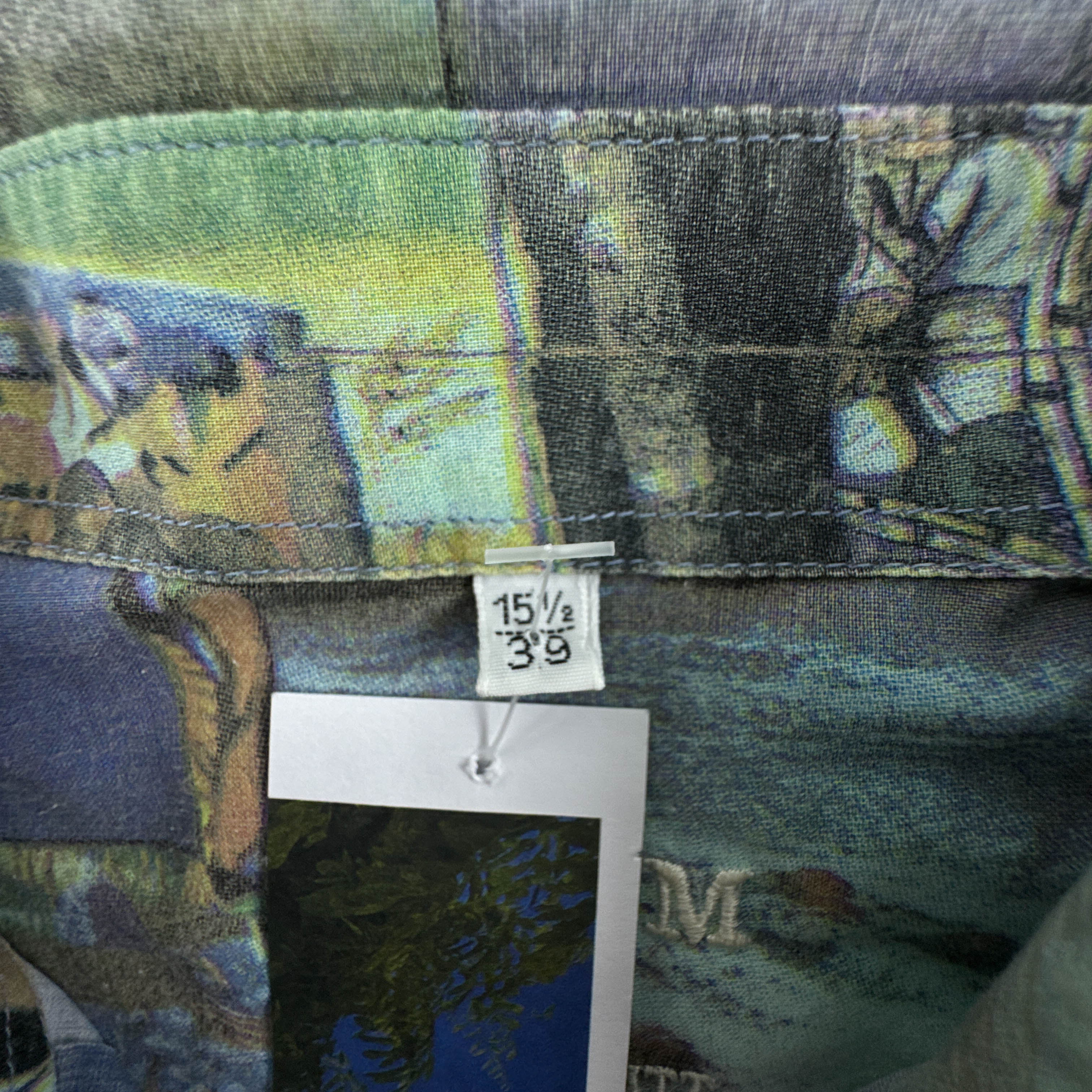 Camicia Vintage blu e verde con stampa all over anni 80 90 - Taglia 39 uomo
