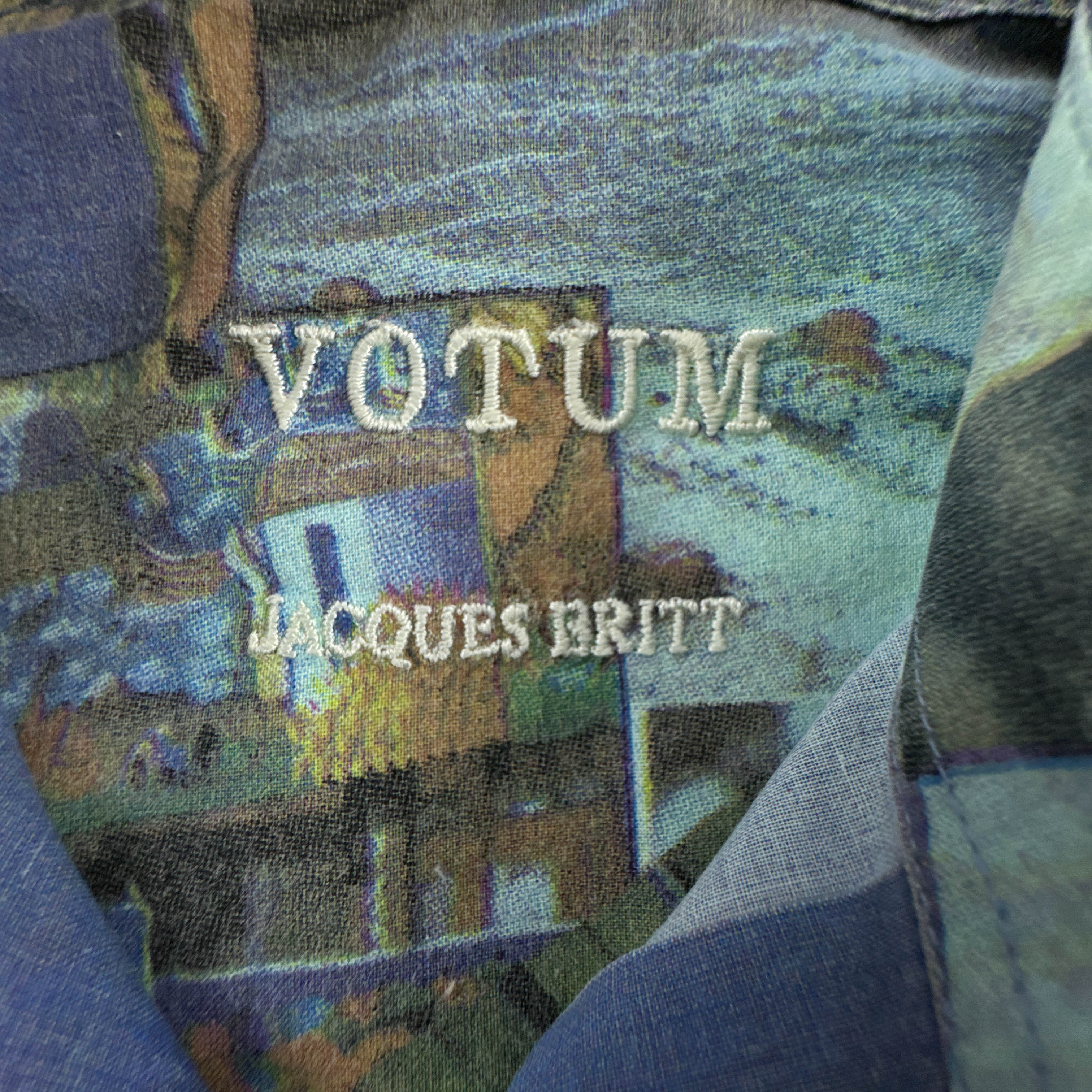 Camicia Vintage blu e verde con stampa all over anni 80 90 - Taglia 39 uomo
