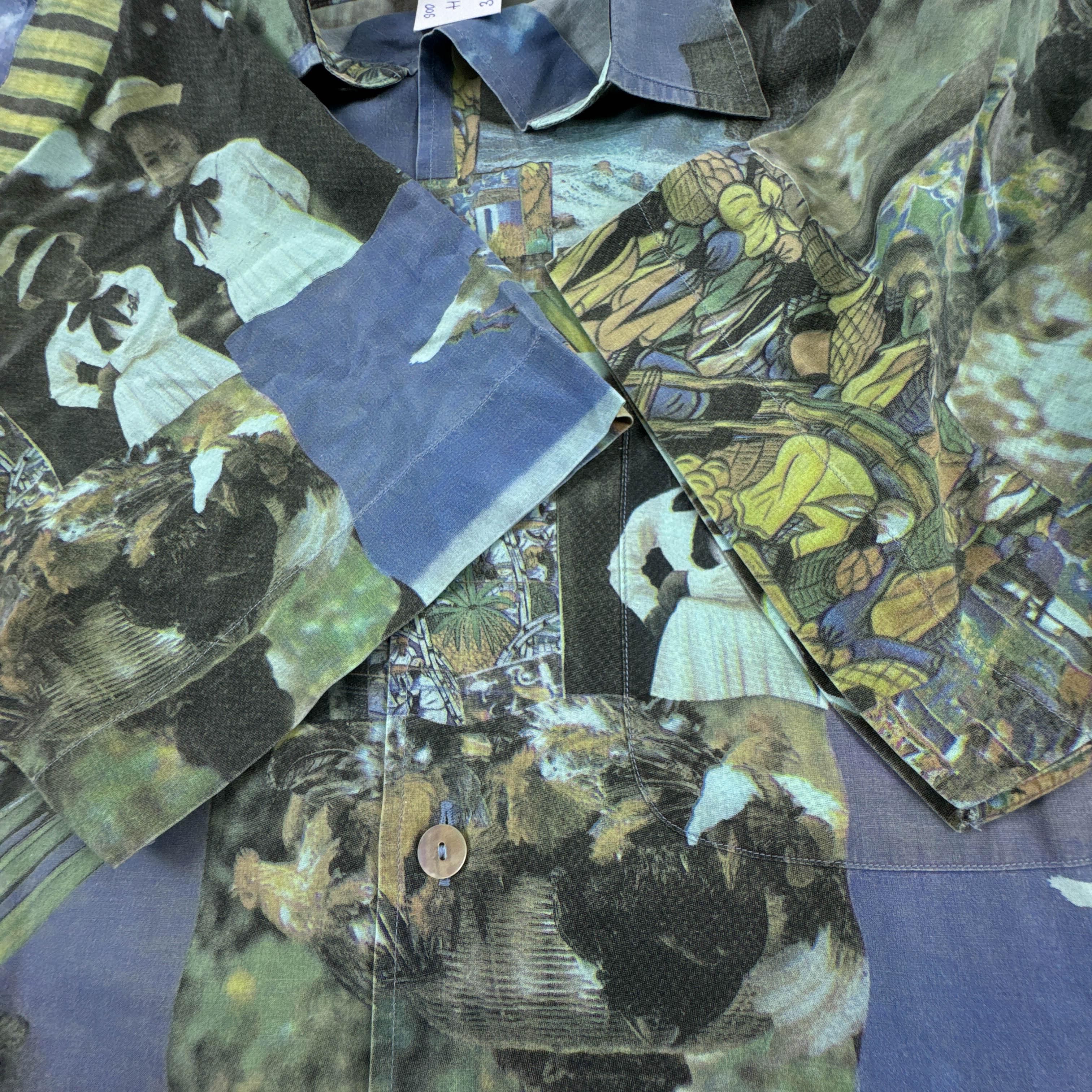 Camicia Vintage blu e verde con stampa all over anni 80 90 - Taglia 39 uomo