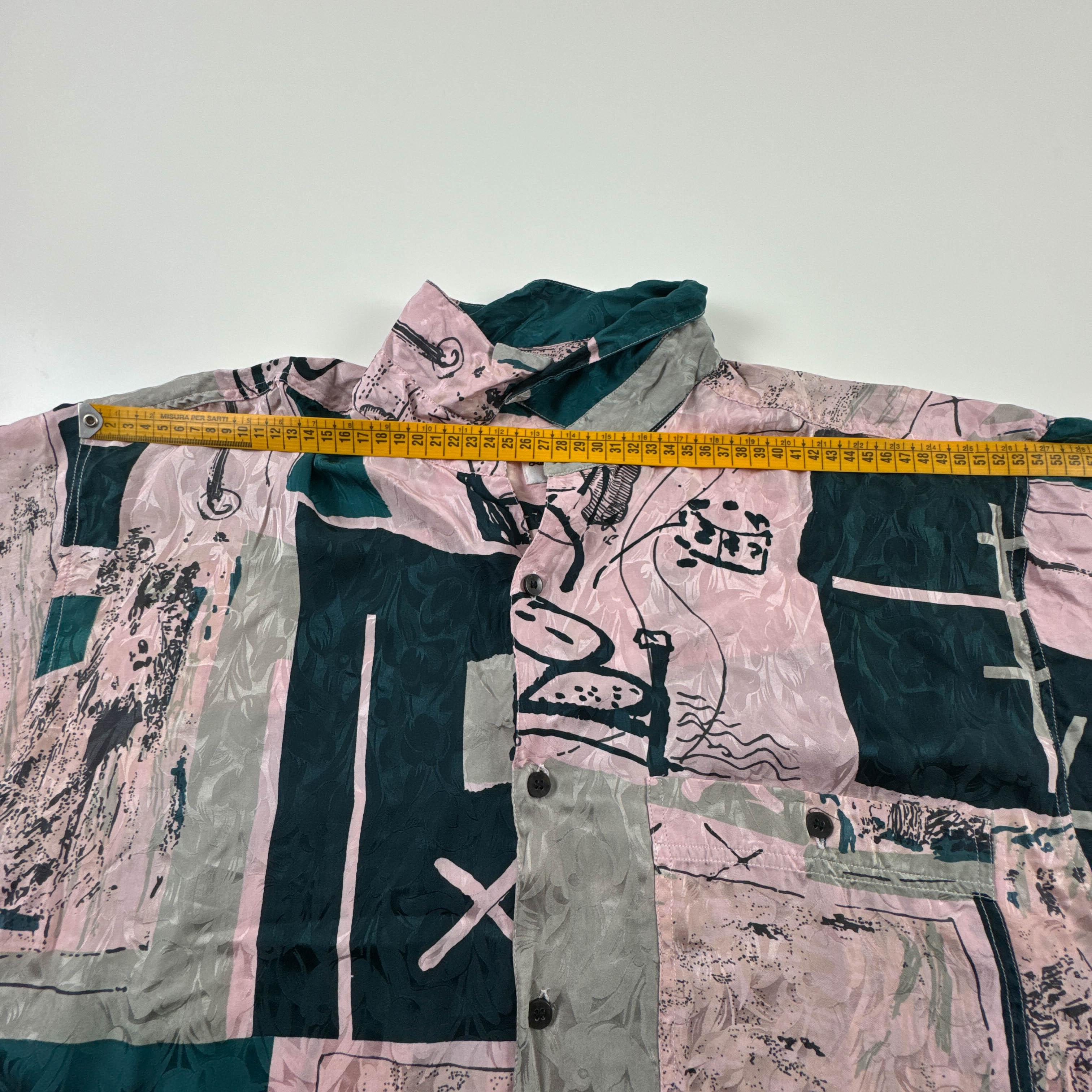 Camicia Vintage rosa fantasia verde e nera astratta 100% seta anni 80 90 - Taglia L uomo